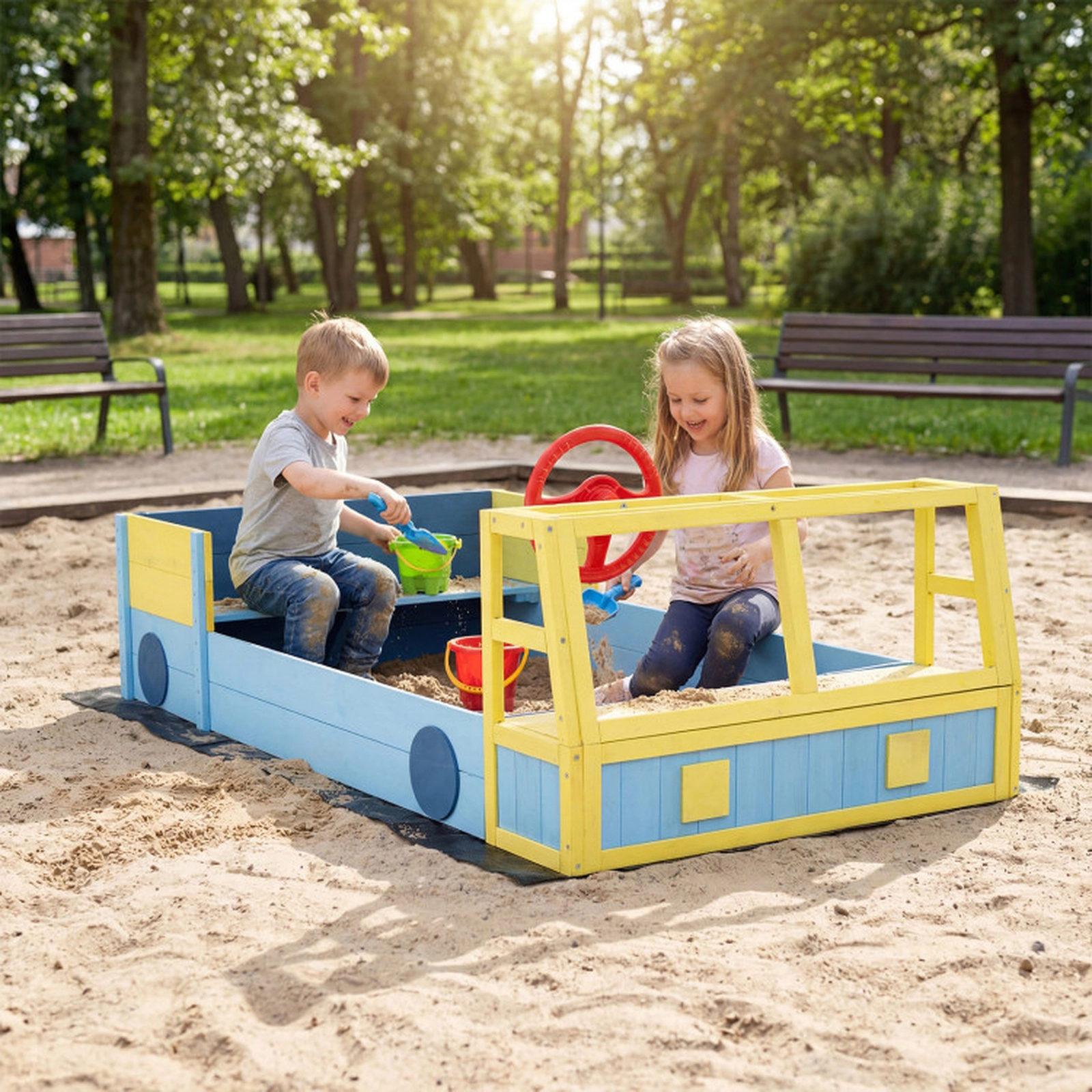 SUGIFT Blue Bottom Liner Bench Seat and Fir Wood Frame Large Car-Theme Kids Sandbox