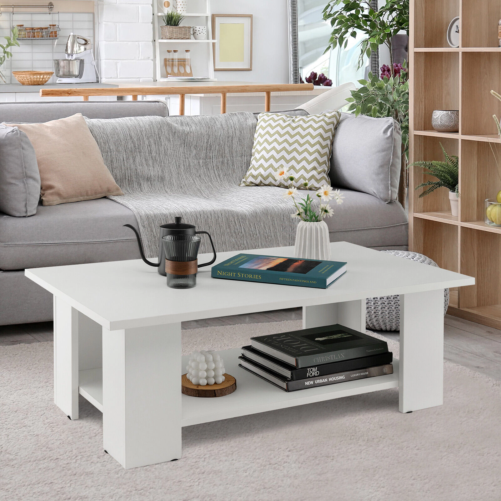 SUGIFT 2-Tier Low Profile Open Shelf Engineered Wood Coffee Table 41-in x 20.5-in x 12.5-in 210-lb Capacity White