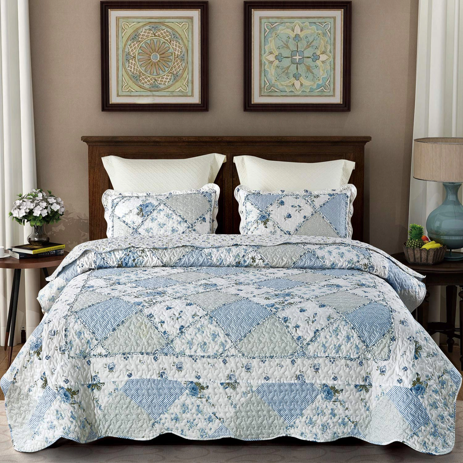 PUPWE Oversized King Quilt Set 128x120 Grey Flpatchwork Bedspreads
