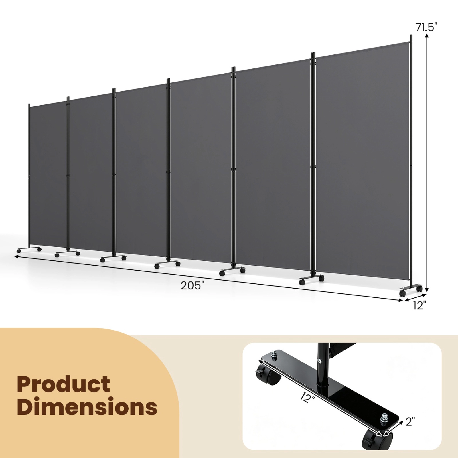 SUGIFT 6-Panel 205-in Wide Folding Privacy Screen Room Divider on Universal Wheels with 65.5-in Panels