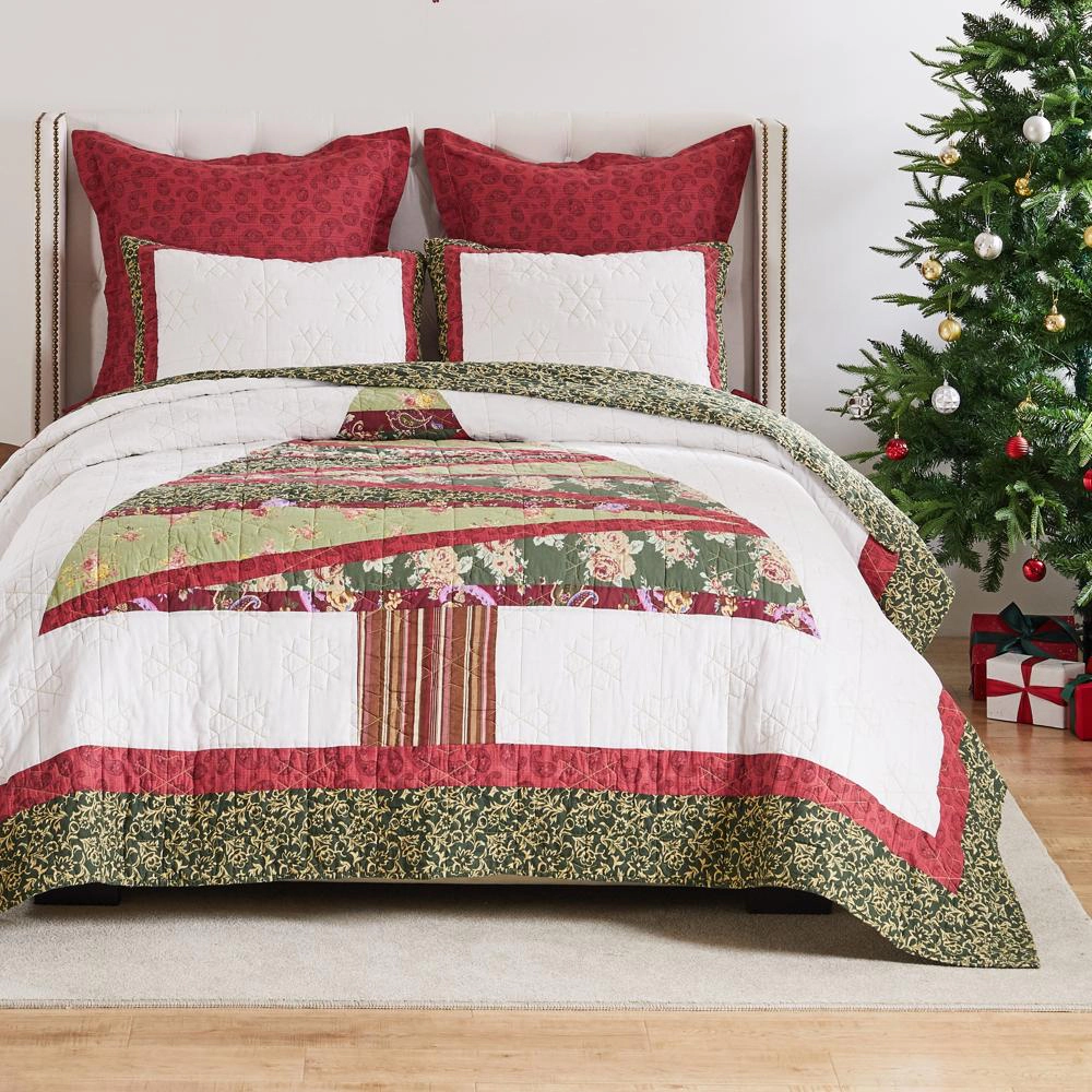 Greenland Home Fashions Christmas Tree Heirloom Quality Patchwork and Applique Snow flake Quilt Set 2 PC Holiday