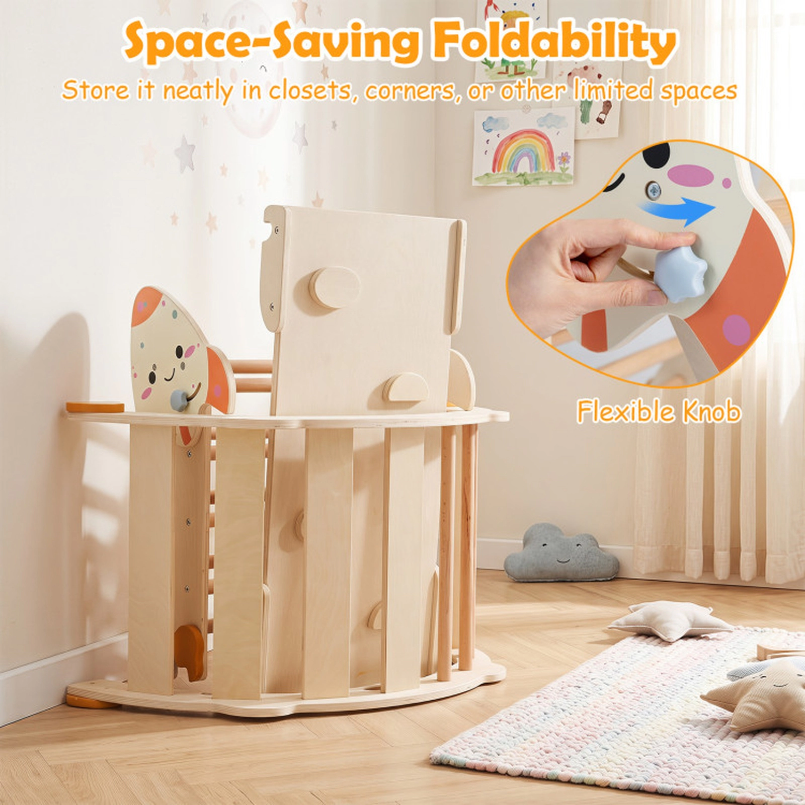 SUGIFT 8-in-1 Foldable Climbing Triangle Arch and Balance Bridge 330-lb Capacity Ages 1+ Rocket-Themed Natural