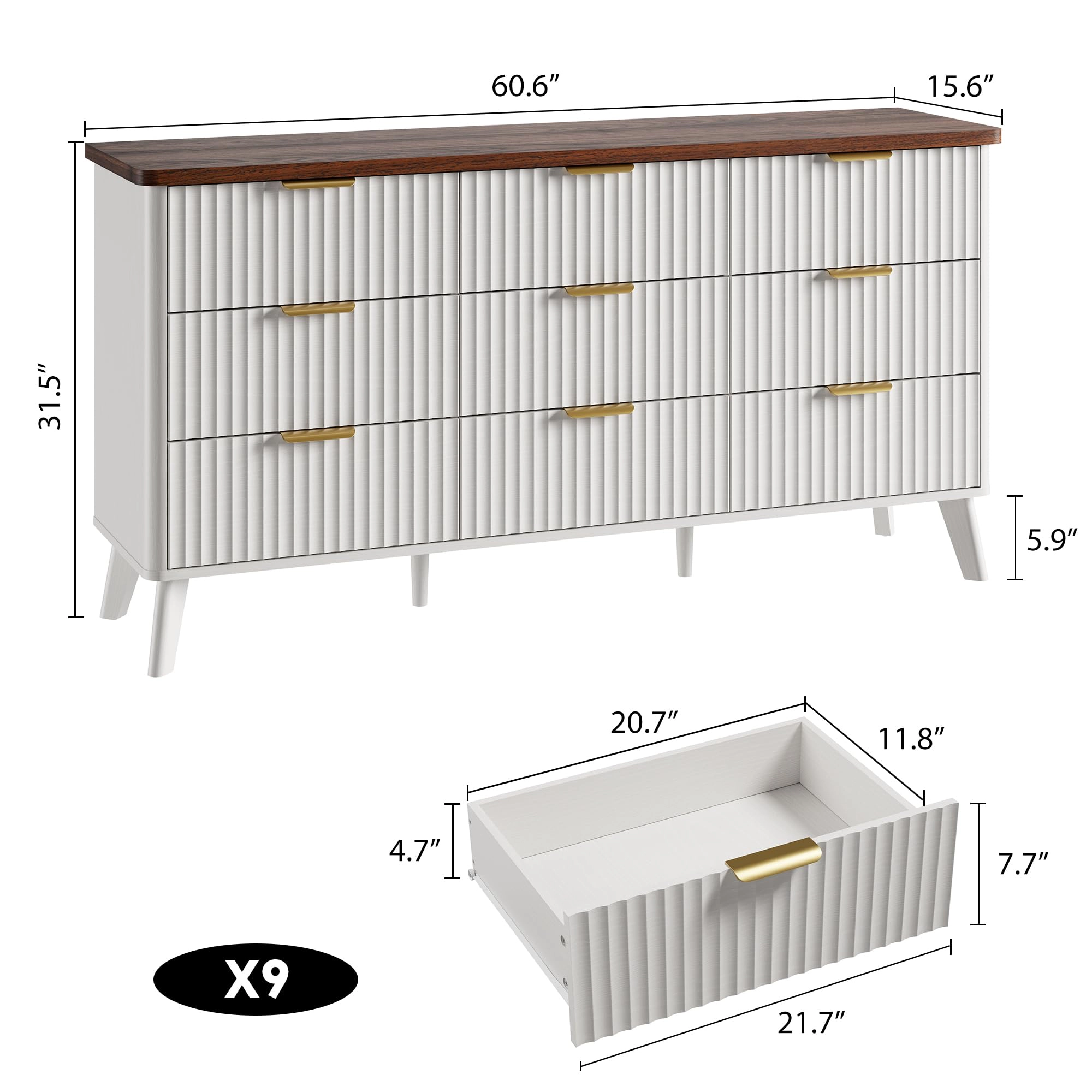 Fluted 9 Drawer Dresser, Curved Profile Design 60.6" Wide  Wooden Chest & TV Stand for Bedroom Living Room