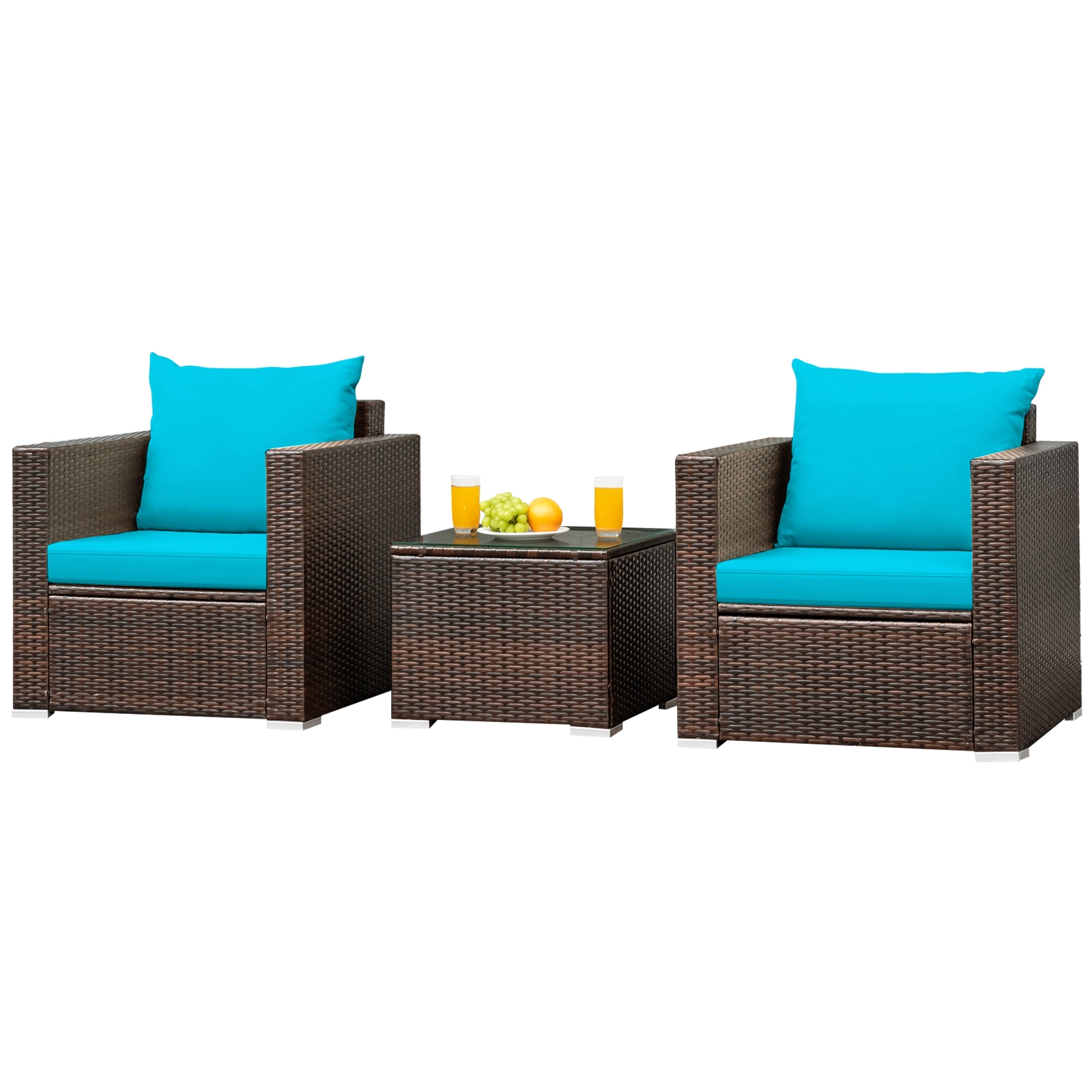 SUGIFT 20 in Glass Top Coffee Table 3-Piece Turquoise Patio Rattan Conversation Set