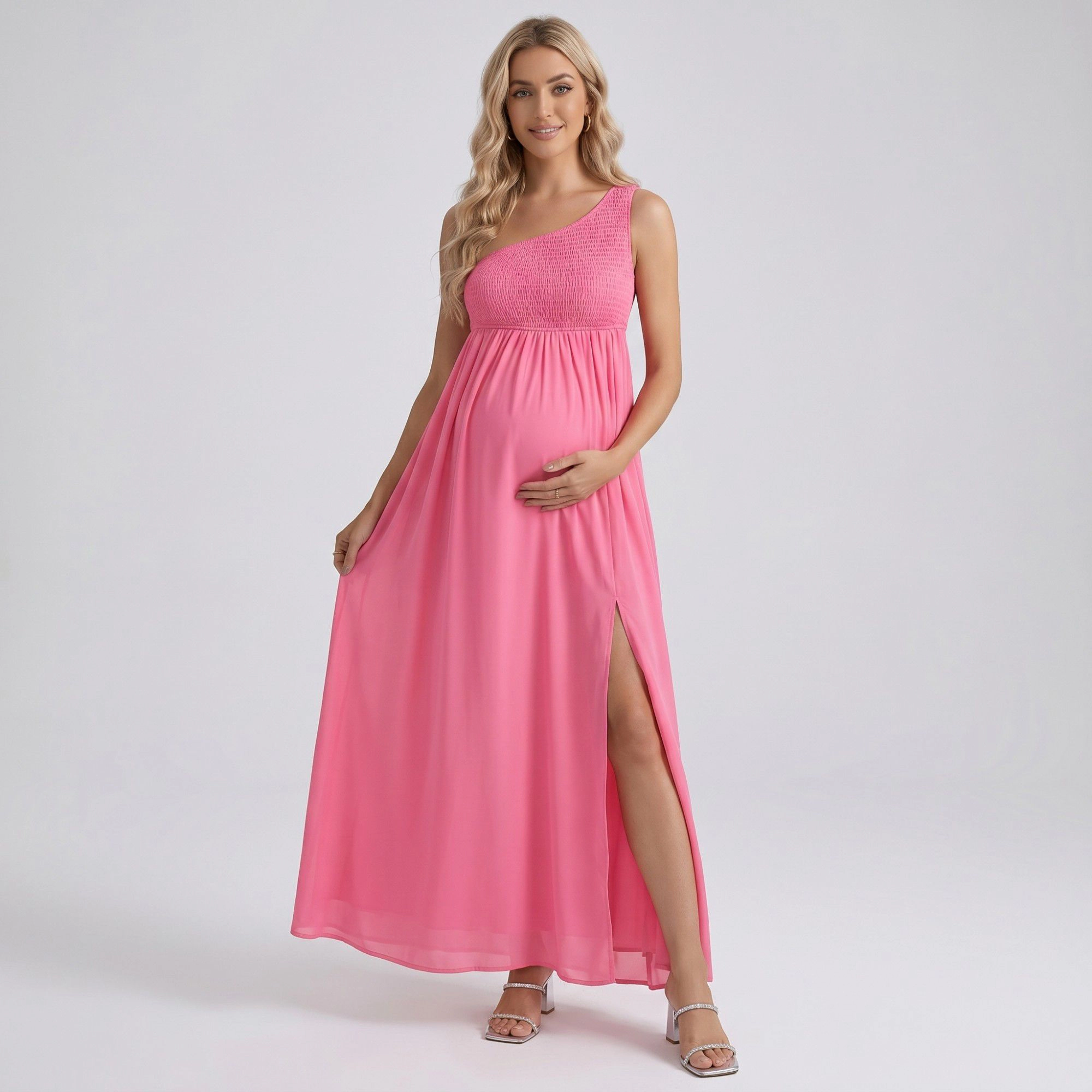 Anna-Kaci Women's One Shoulder Smocked Bodice Flowing Skirt Maternity Maxi Dress