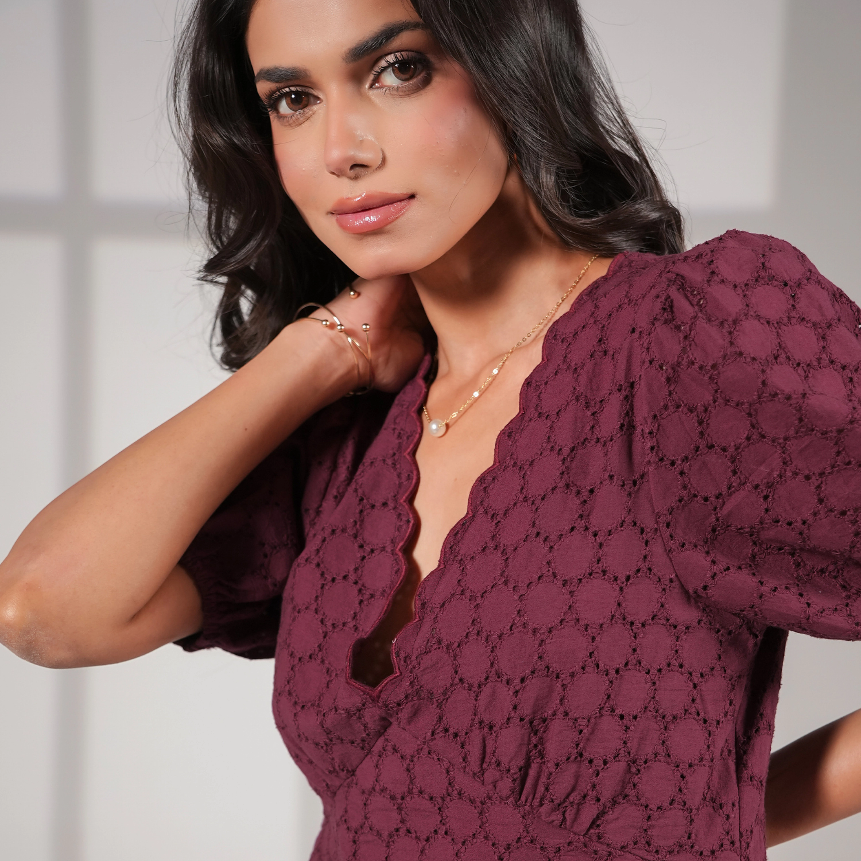Rose & Nancy Women's Holly Burgundy Embroidered Lace Cotton Midi Dress
