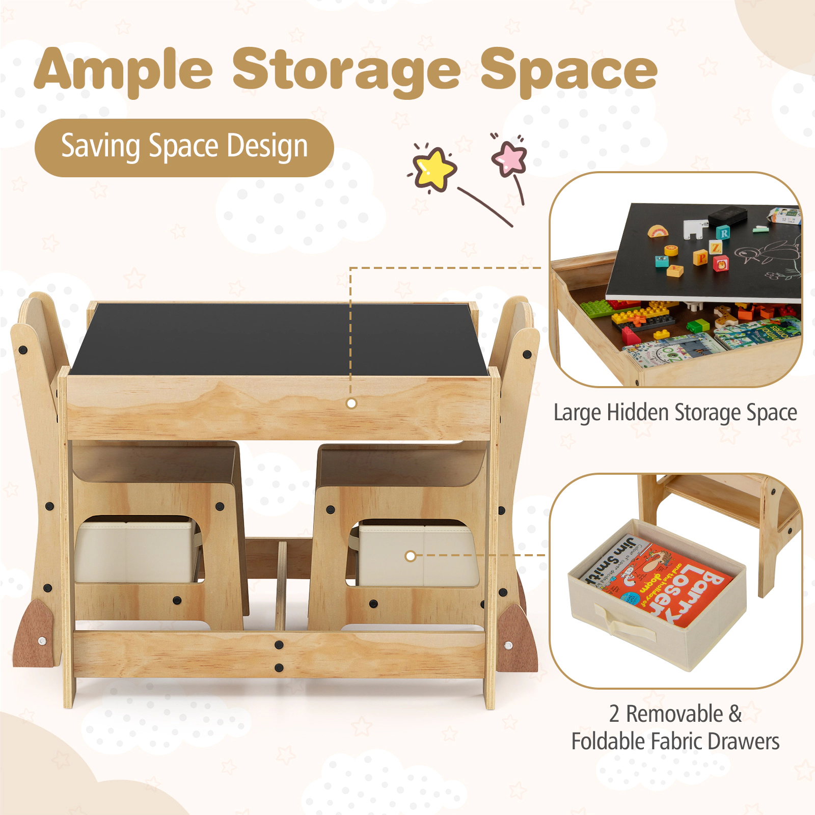 SUGIFT 3-in-1 Kids Table & Chair Set Removable Double-Sided Top 100-lb Table Capacity Ages 3+ Natural & Gray/Natural