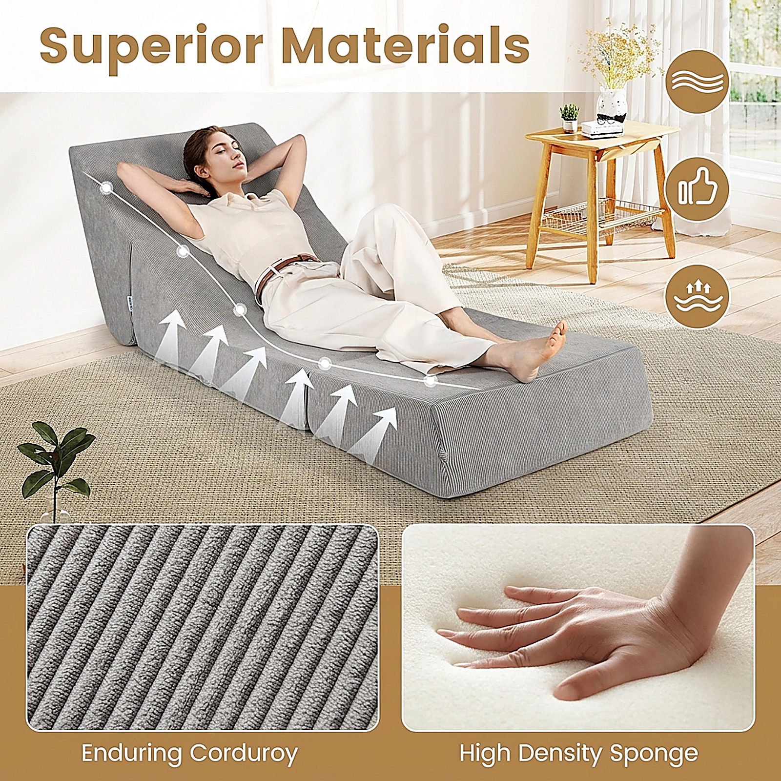 SUGIFT 3-in-1 Folding Sofa Bed with Washable Zippered Cover 330-lb Capacity Gray