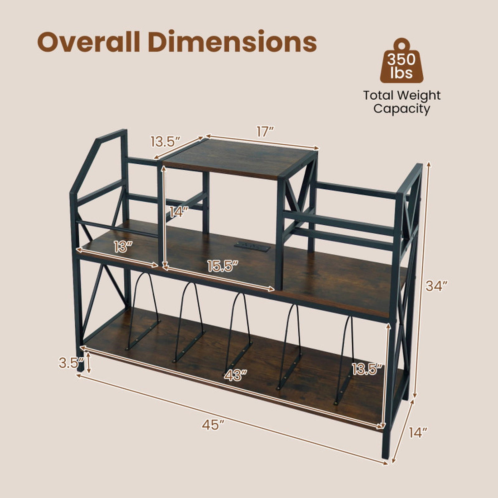 SUGIFT Record Player Stand with Power Outlets and Vinyl Storage 350-lb Capacity Rustic Brown & Black
