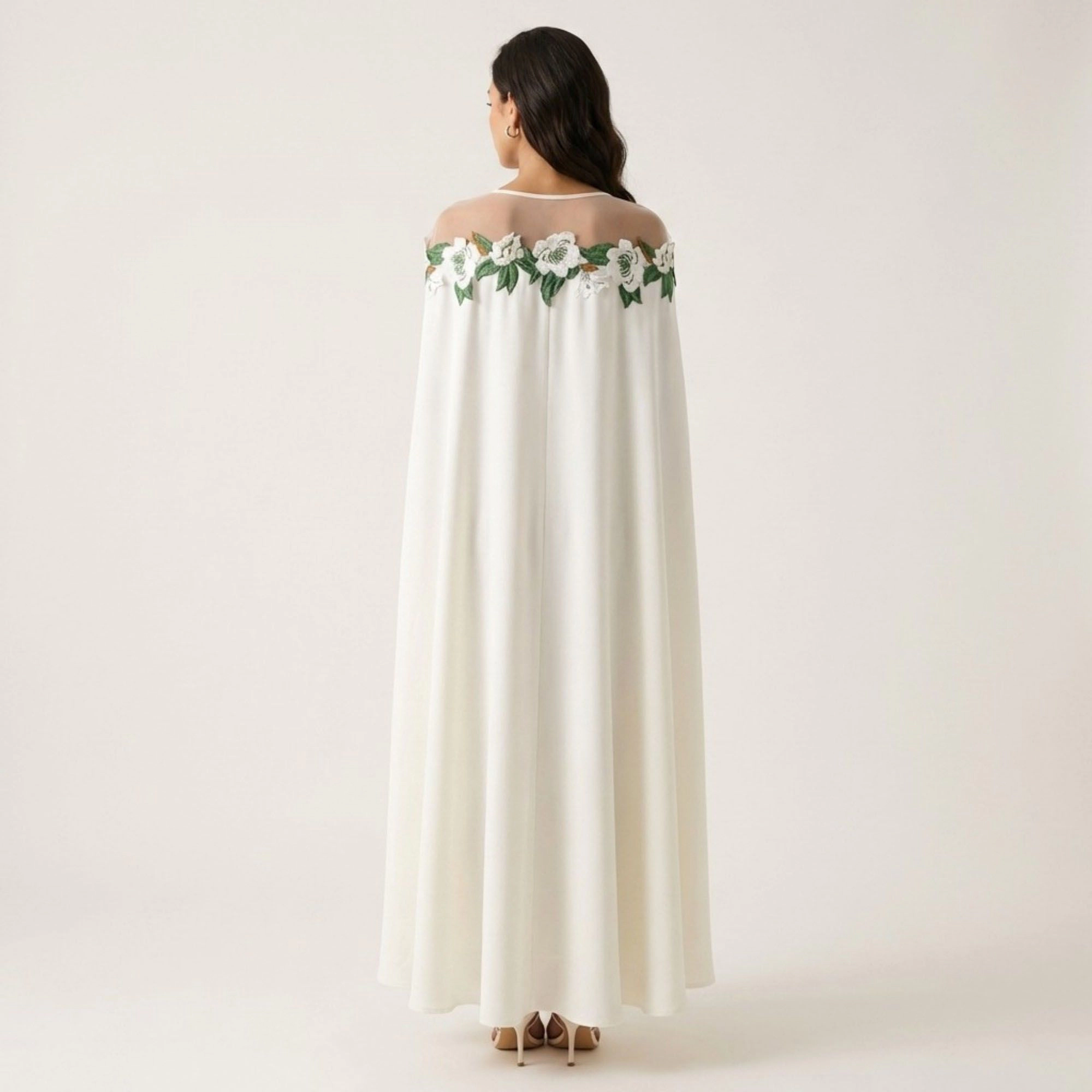 Anna-Kaci Women's Floral Embroidered Cape Sheer Neckline Maxi Dress