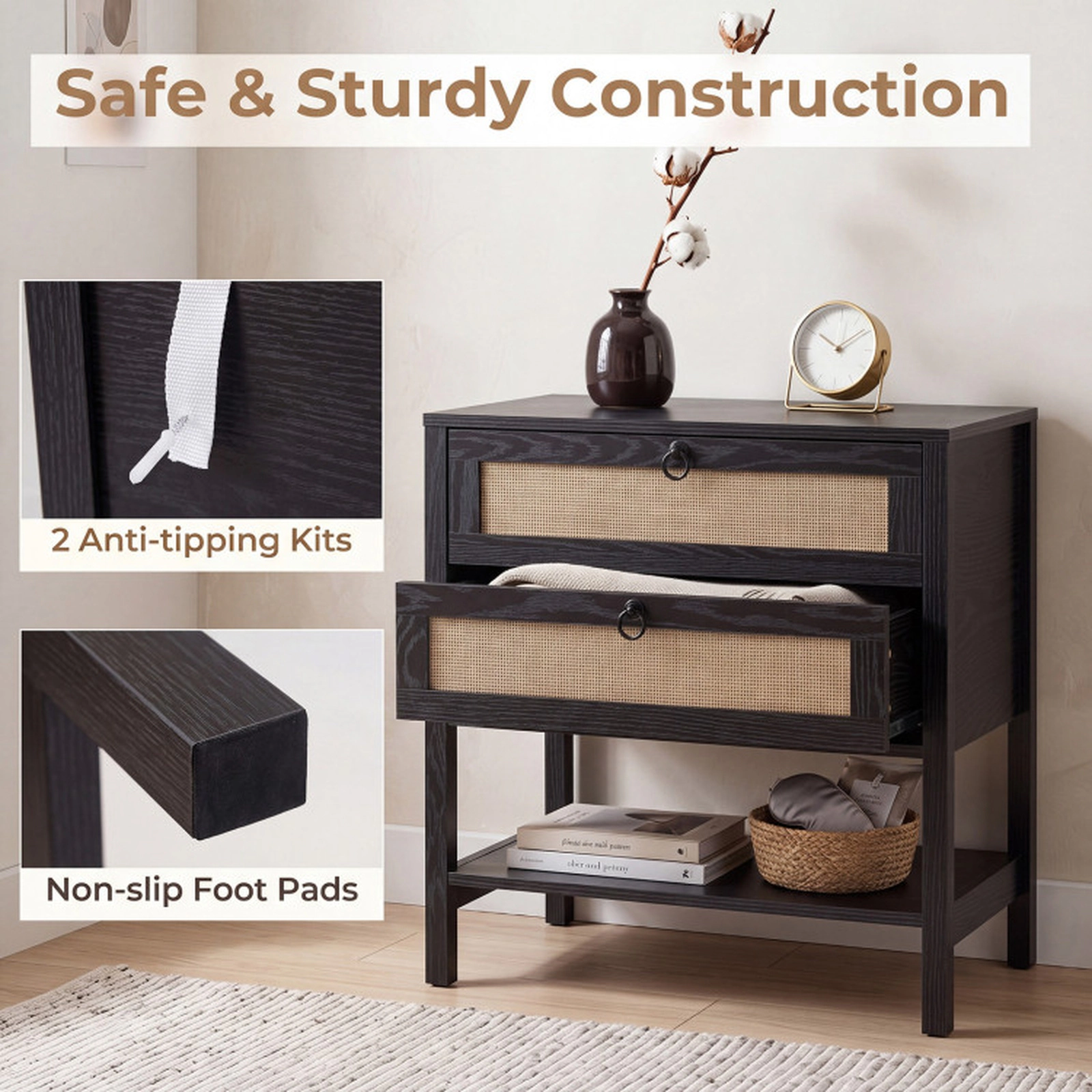 SUGIFT Boho Rattan Nightstand with 2 Drawers and Bottom Open Shelf 200-lb Capacity Black Oak Finish