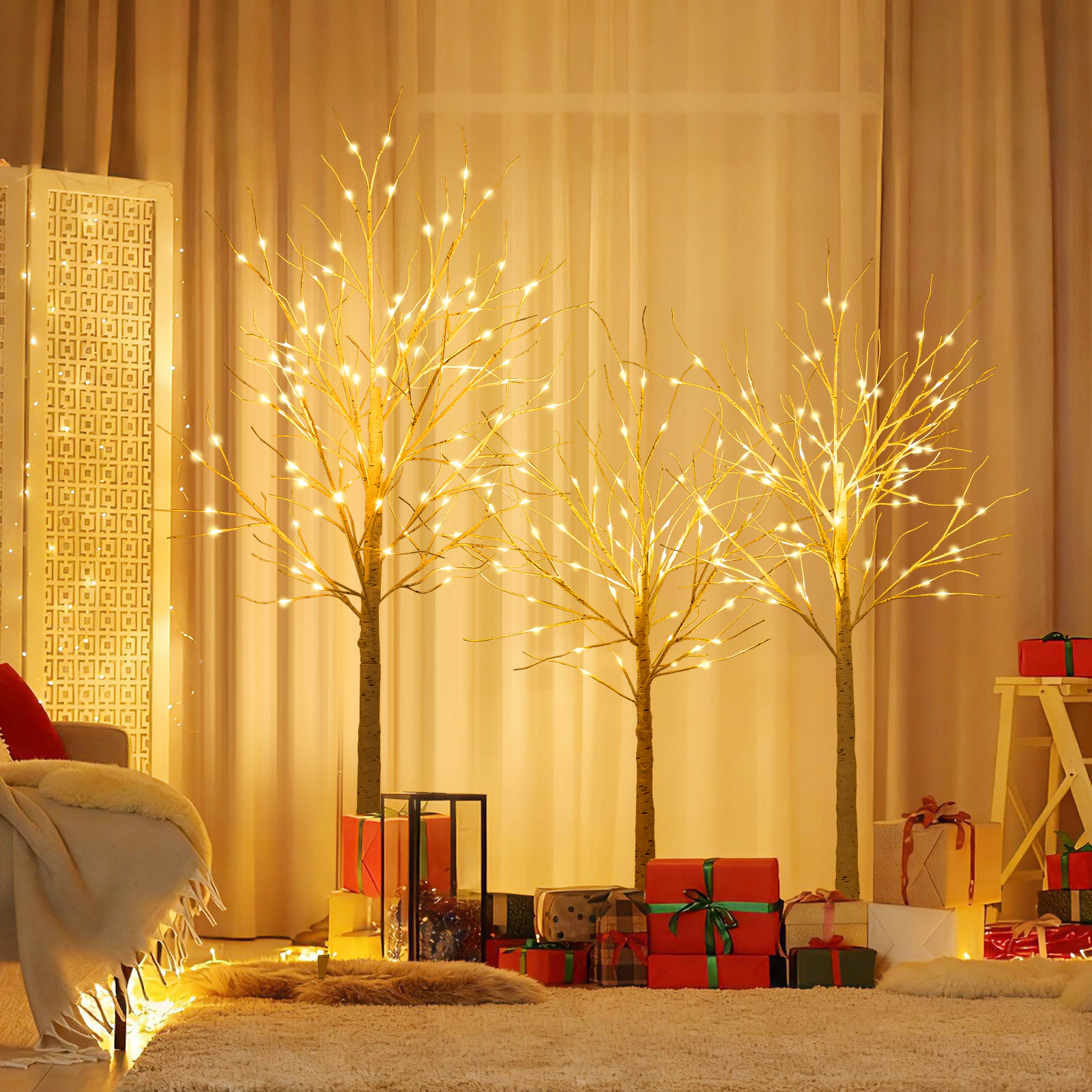 LJG Lighted Birch Tree Set of 3 with 4/5/6 FT Pre-Lit Artificial Christmas Tree for Holiday Party