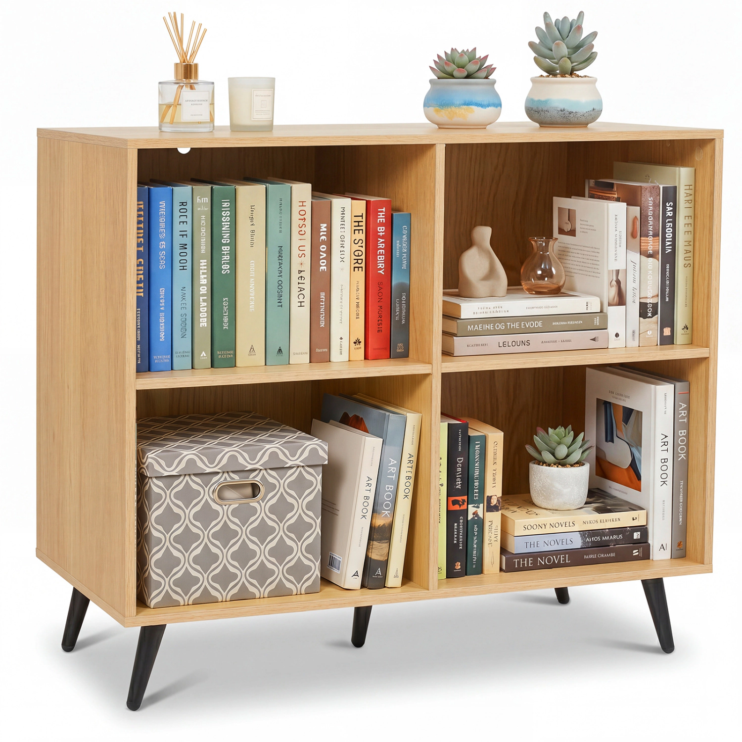 LJG 4-Cube Wooden Bookshelf Bookcase with 5 Metal Legs for Home