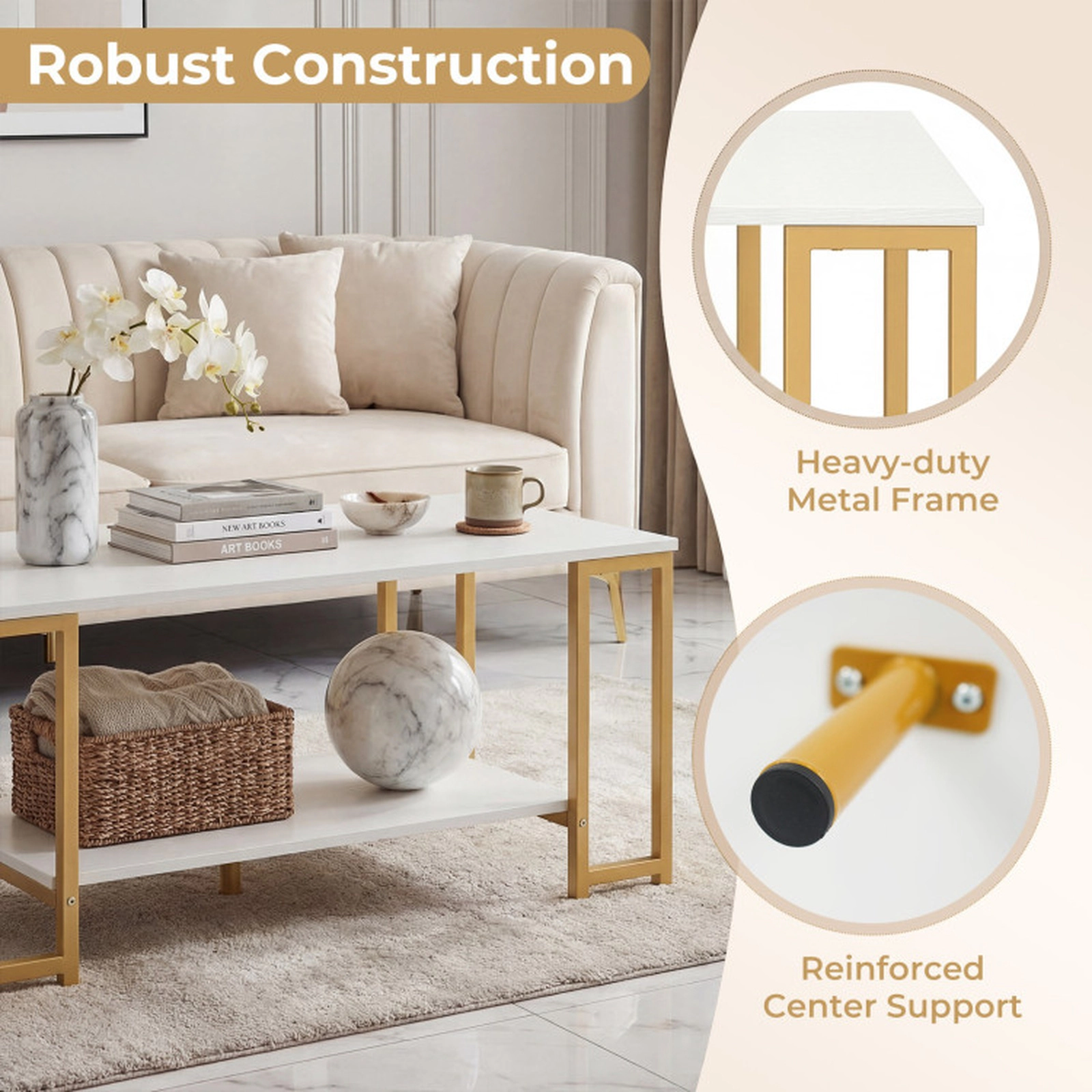SUGIFT 2-Tier Open Shelf Gold Metal Frame Modern Coffee Table 39.5-in x 19.5-in x 18-in 176-lb Capacity White