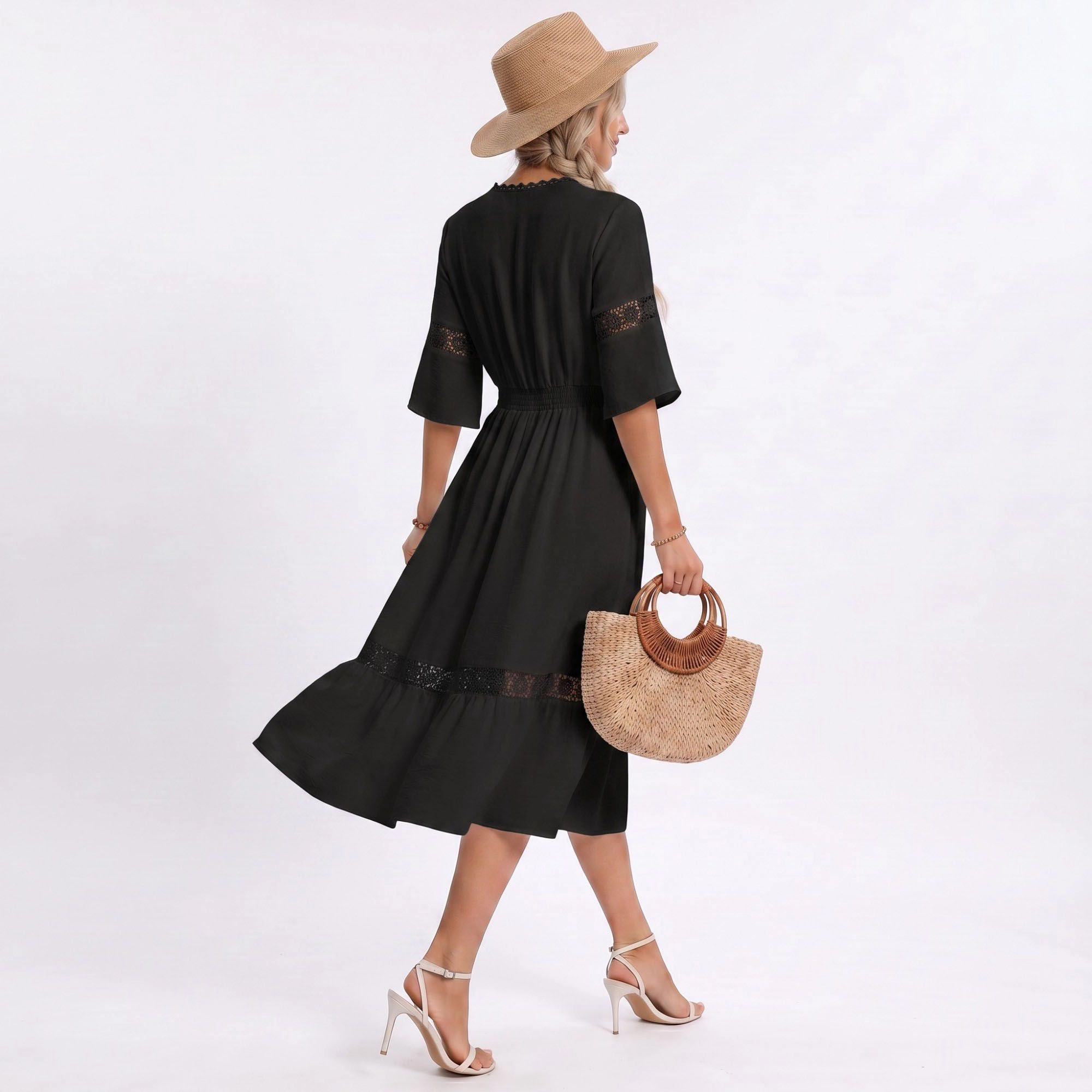Anna-Kaci Women's V-Neck Lace Trim Bell Sleeve Midi Dress