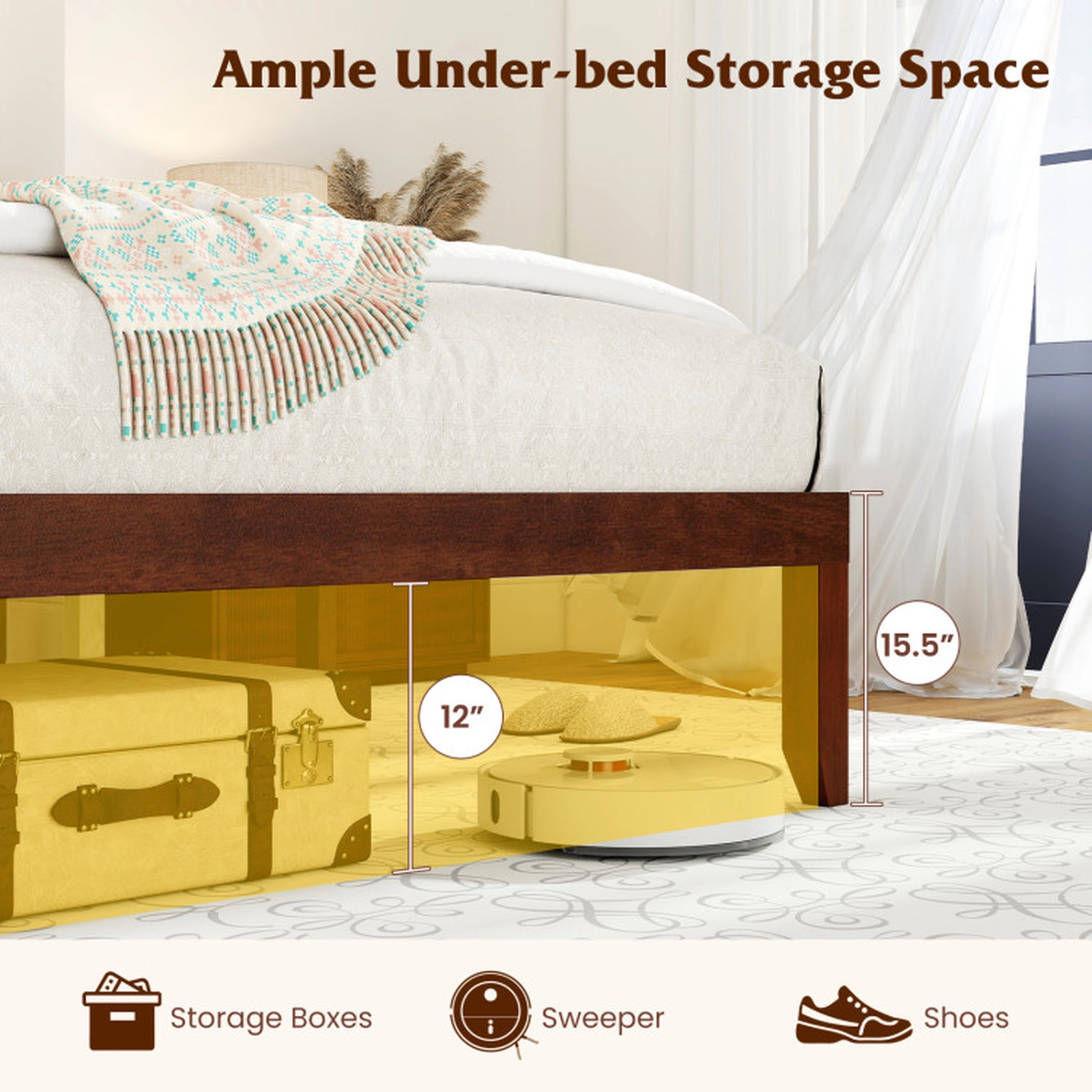 SUGIFT Walnut Retro Slat Headboard and 12 Slats Solid Wood Platform Bed