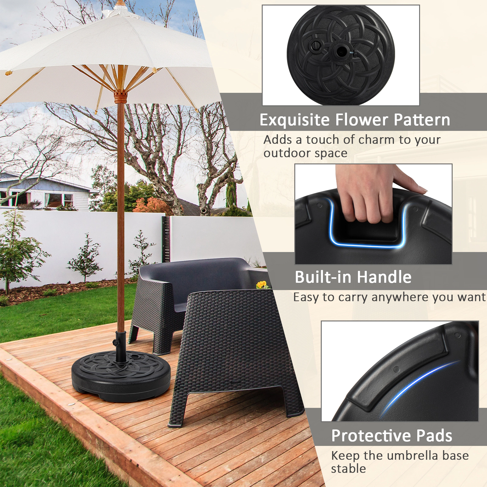 SUGIFT 22 Inch Fillable Round Patio Umbrella Base Black Heavy-Duty Stand
