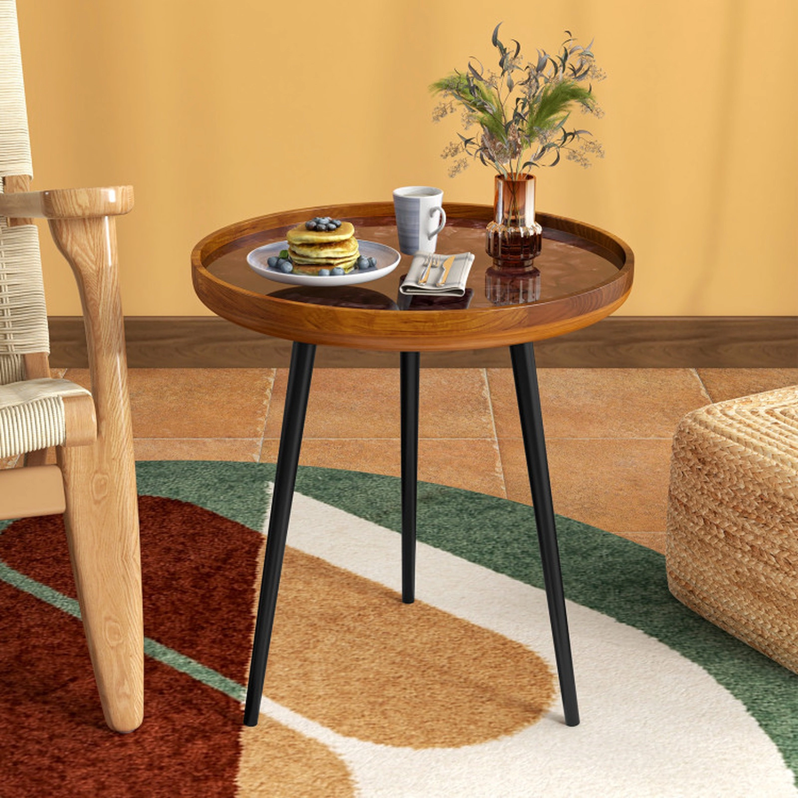 SUGIFT 20-in Round Handmade Sea Shell End Table with Epoxy Resin Tray Top and Mahogany Wood Legs