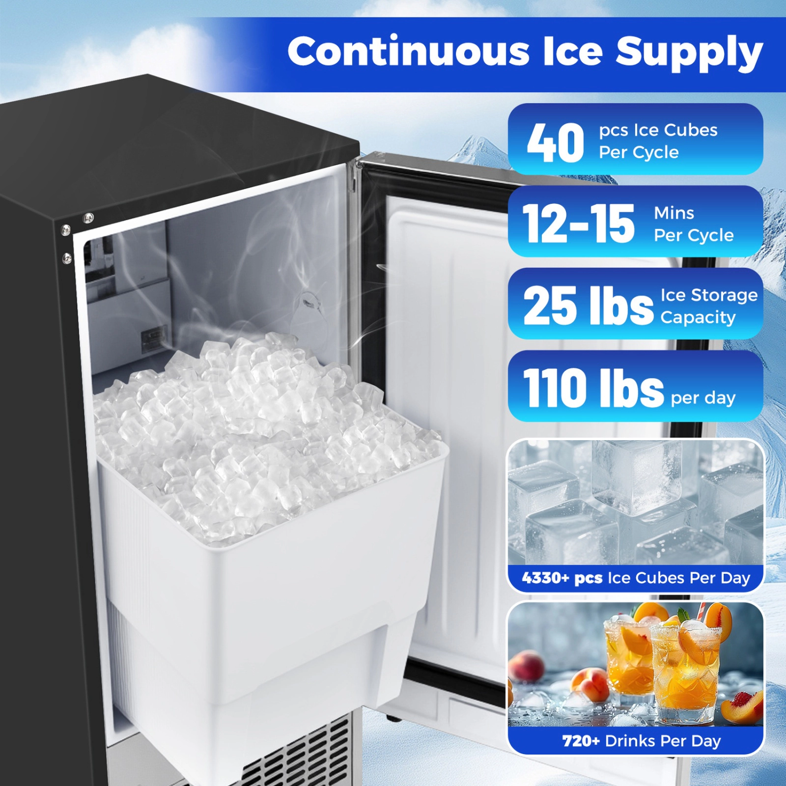 SUGIFT 110-lb Daily Capacity Undercounter Ice Maker with 25-lb Storage 15-in Wide Stainless Steel Silver/Black
