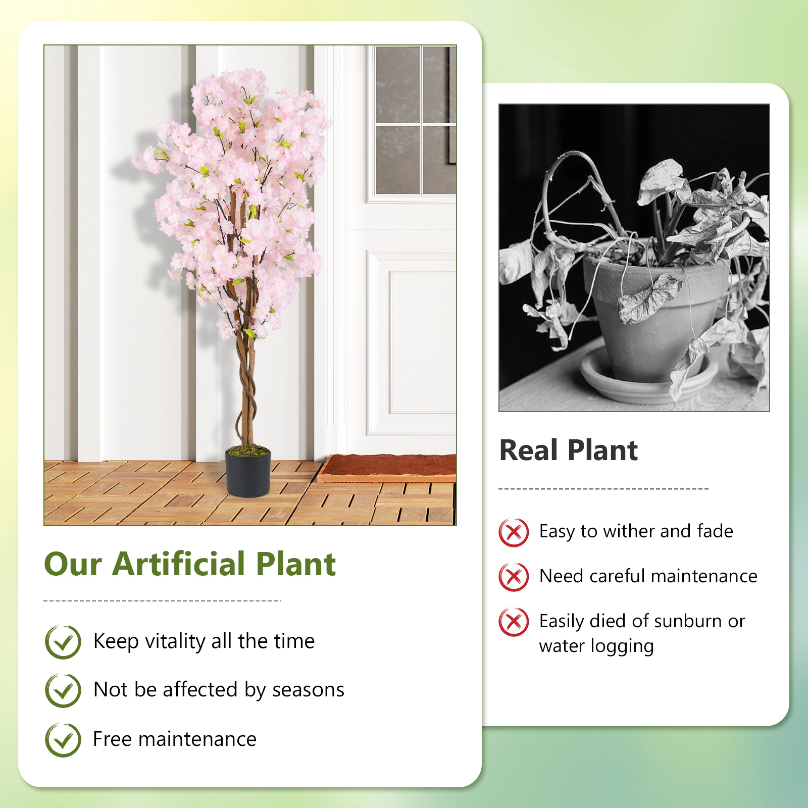 SUGIFT 59-in Artificial Cherry Blossom Tree with Pink Flowers Real Wood Trunk and Cement Flowerpot