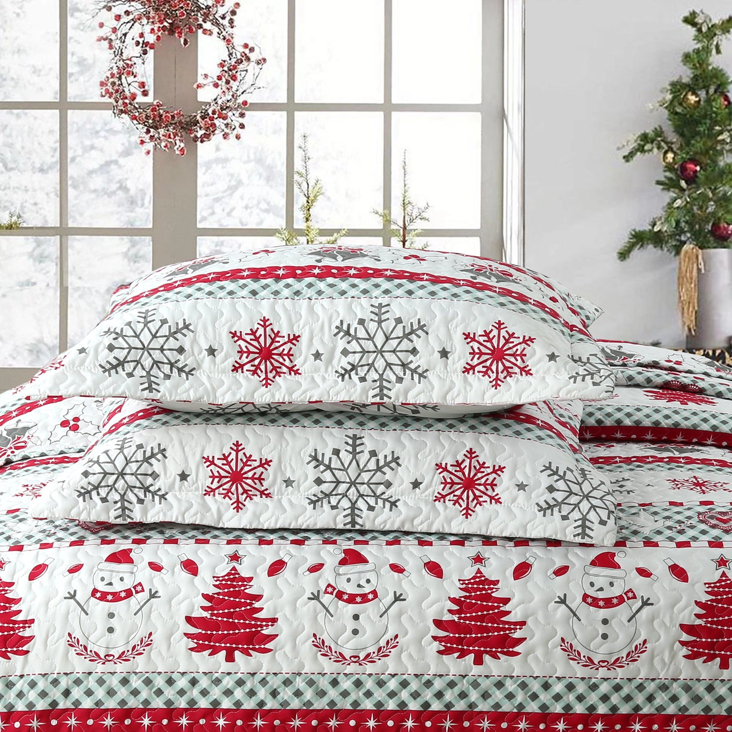MarCielo 3 Piece Christmas Quilt Bedspread Set, Snowflake Christmas Tree Coverlet Set