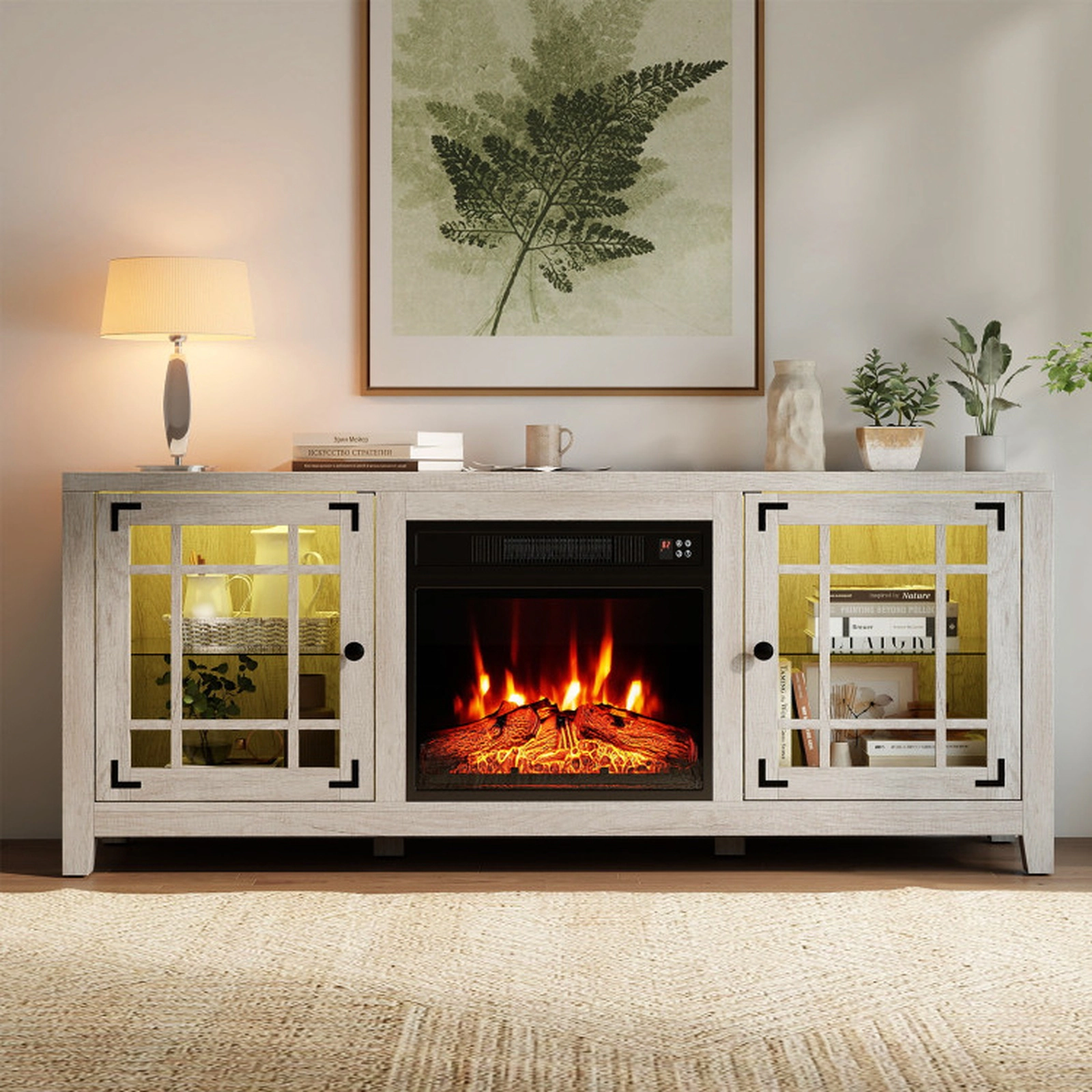 SUGIFT 1400W 18-in Electric Fireplace RGB LED Glass Doors TV Stand 58-in x 16-in x 25-in 5000 BTU 65-in TV Natural