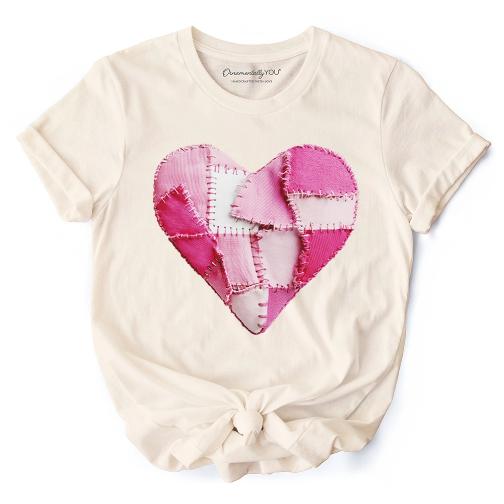 OrnamentallyYou Womens Patchwork Pink Heart Valentine T-Shirt