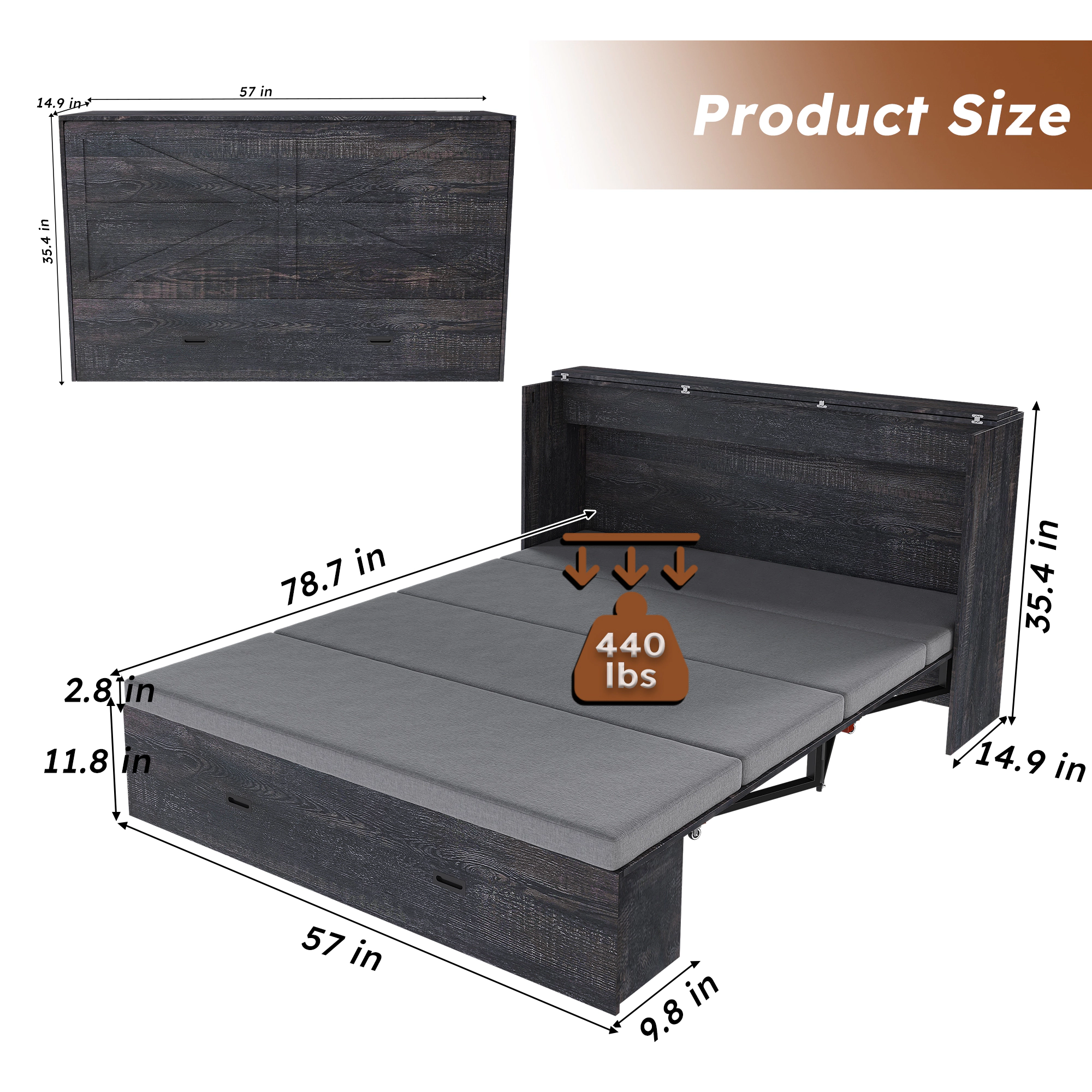 Flynama 57" Murphy Bed with Storage Drawers & Charging Cabinet, Foldable, On Wheels, Black