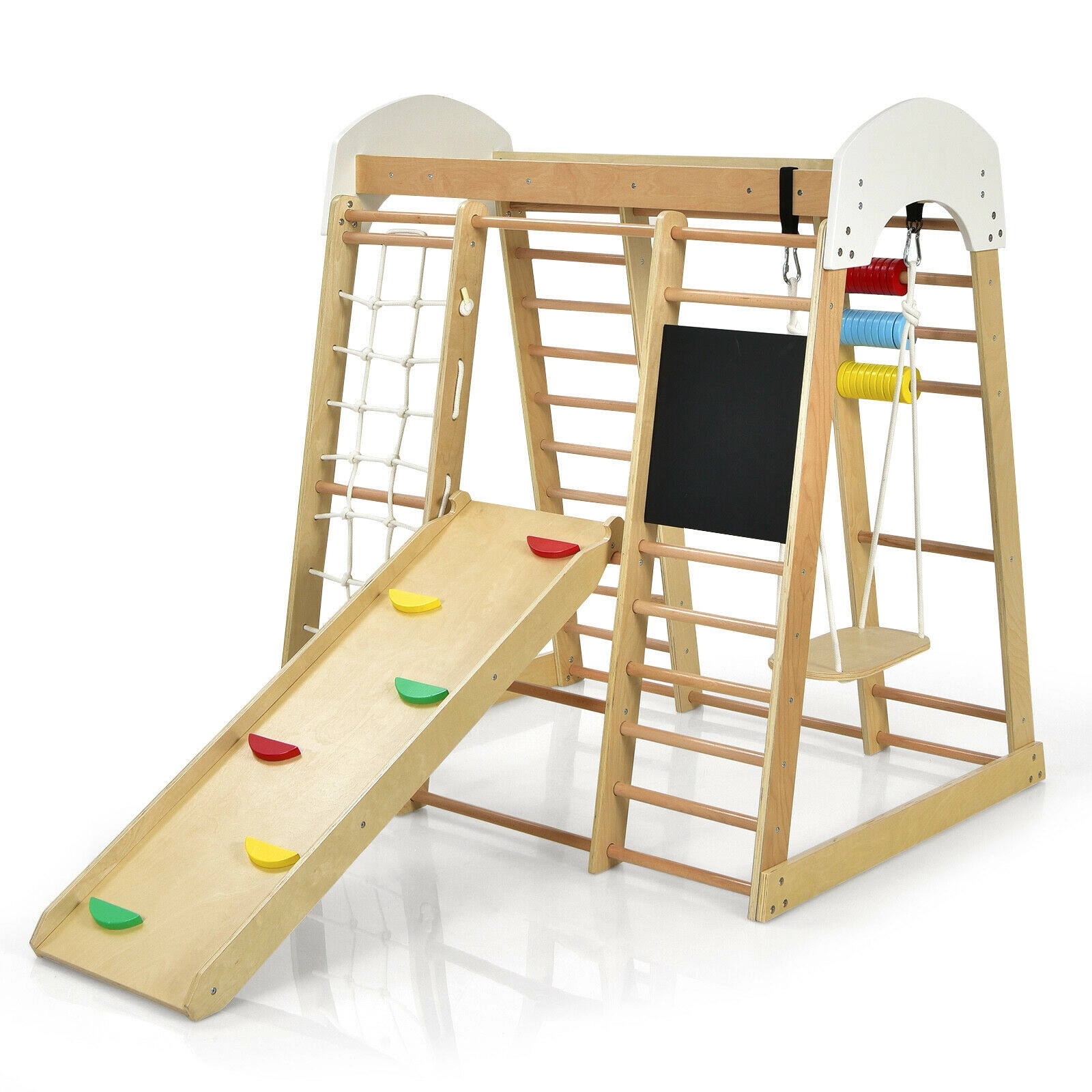 SUGIFT Natural 49 Inch for Children 8-in-1 Wooden Indoor Playground Climbing Gym Playset