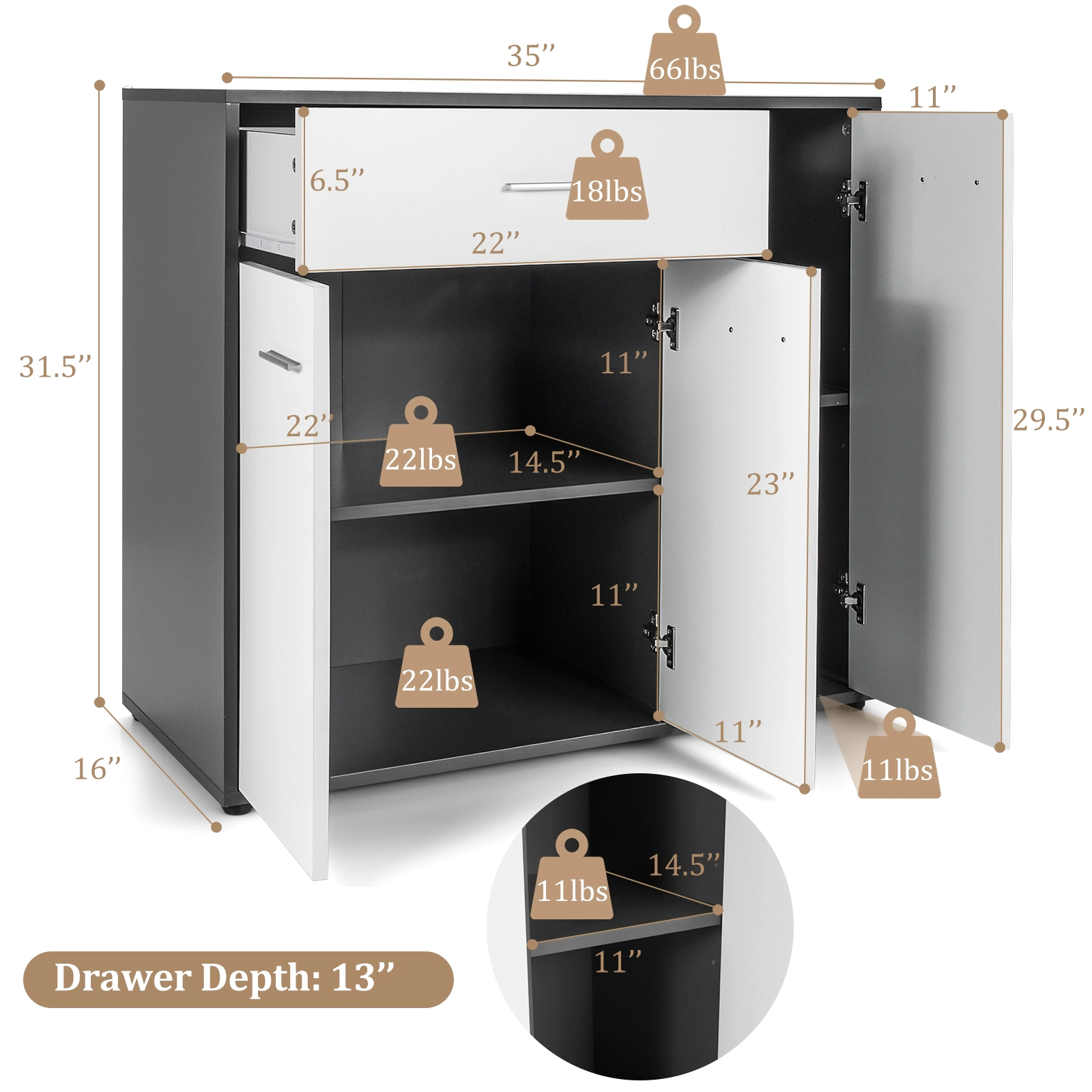 SUGIFT 35-in Dark Grey 66-lb Top Sideboard Buffet Storage Cabinet with Pull-Out Drawer and Adjustable Shelf