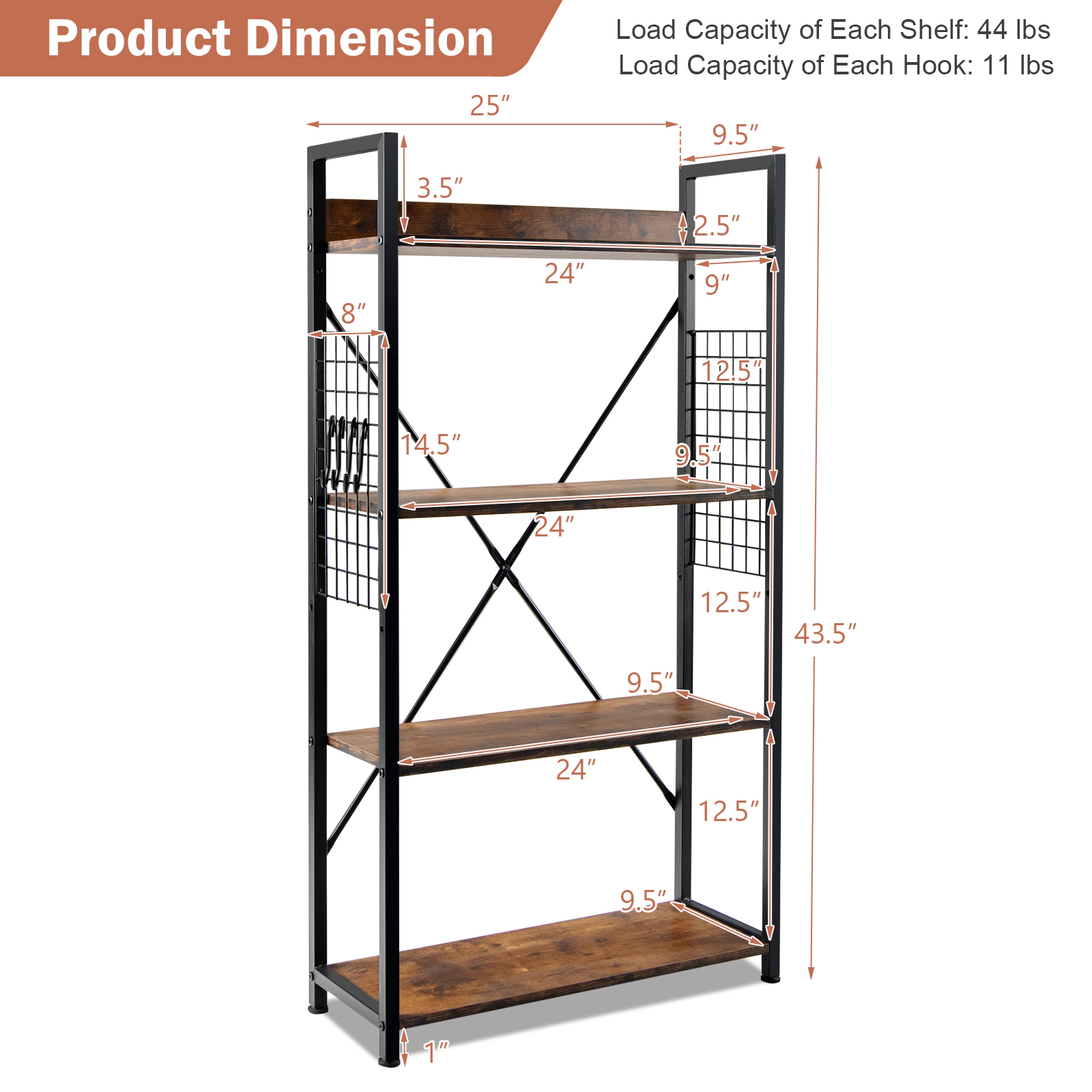 SUGIFT 4-Tier Industrial Open Storage Bookshelf with Adjustable Shelf 220-lb Capacity Coffee