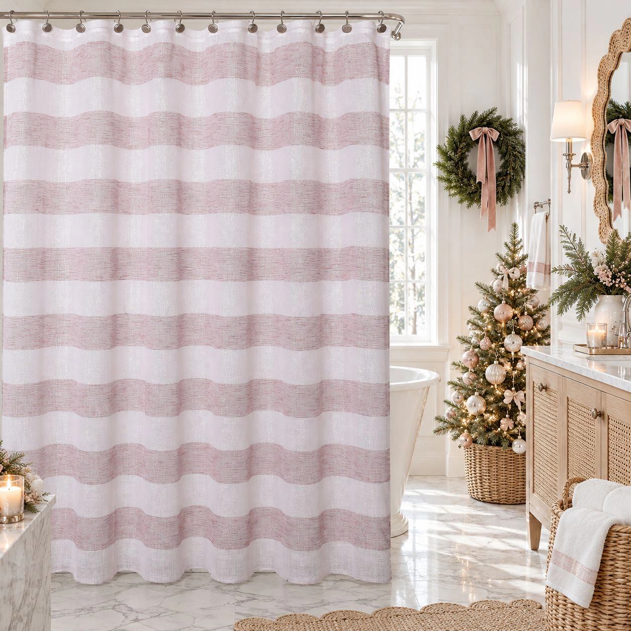 Kate Aurora Seaside Chic Cabana Metallic Striped Fabric Shower Curtains