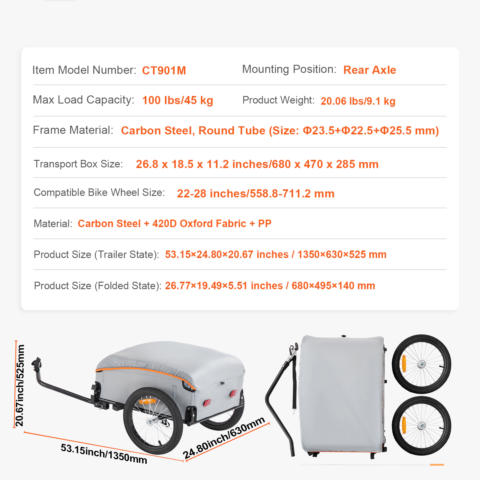 HONGGE Bike Cargo Trailer Capacity Heavy-Duty Bicycle Wagon Cart Foldable Compact Storage with Universal Hitch Bike