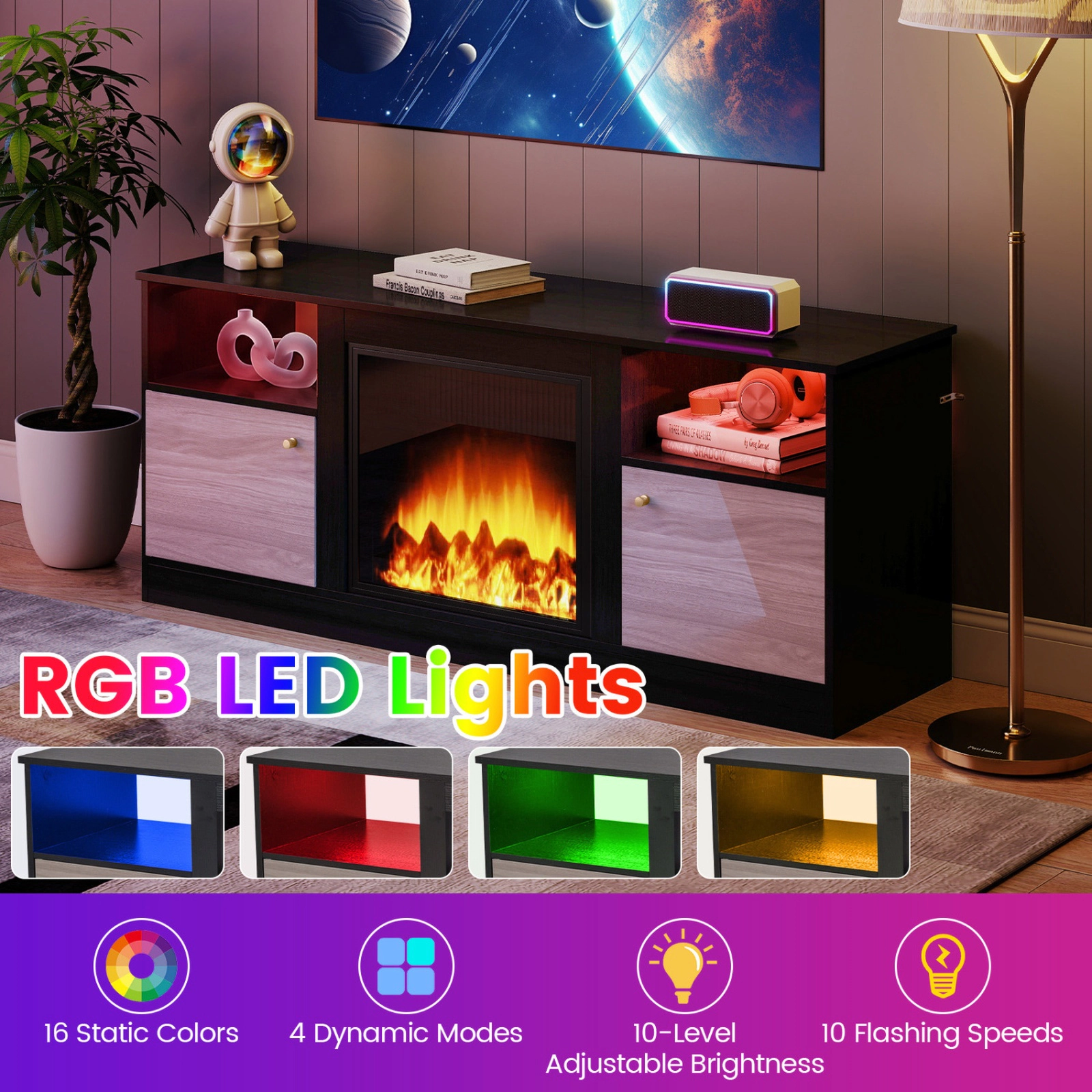 SUGIFT 57.5-Inch TV Stand for TVs up to 65 Inches, RGB LED Lights, 2 Cabinets, Fireplace-Ready Bay