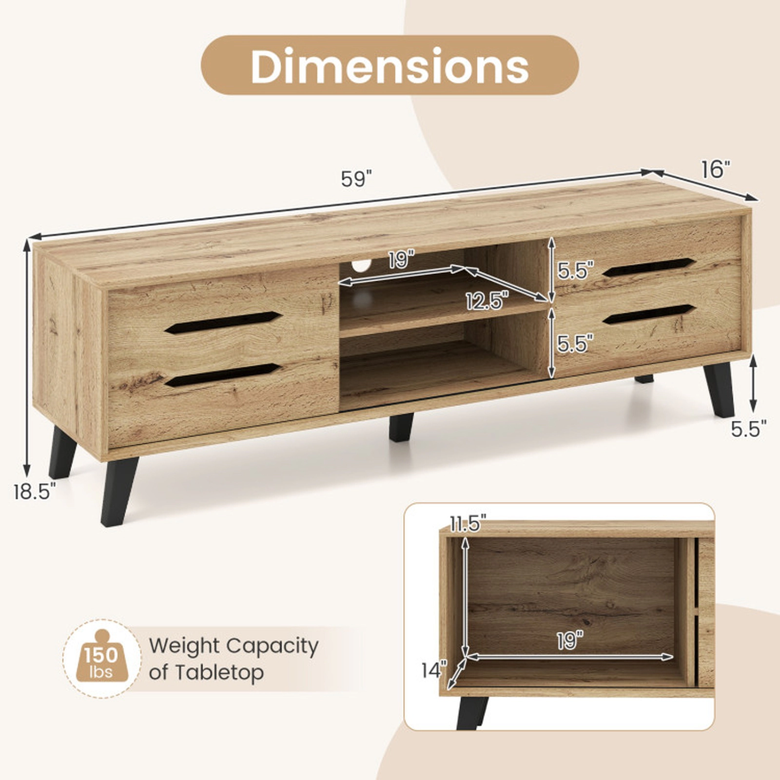 SUGIFT 59 in TV Stand Natural Mid Century Console with Sliding Doors and Cable Hole