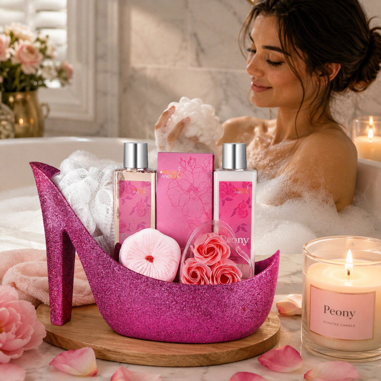 Freida and Joe Women Elegant 9-piece Pink Peony Bath Set Pink High Heel Shoe Luxurious Spa Gift