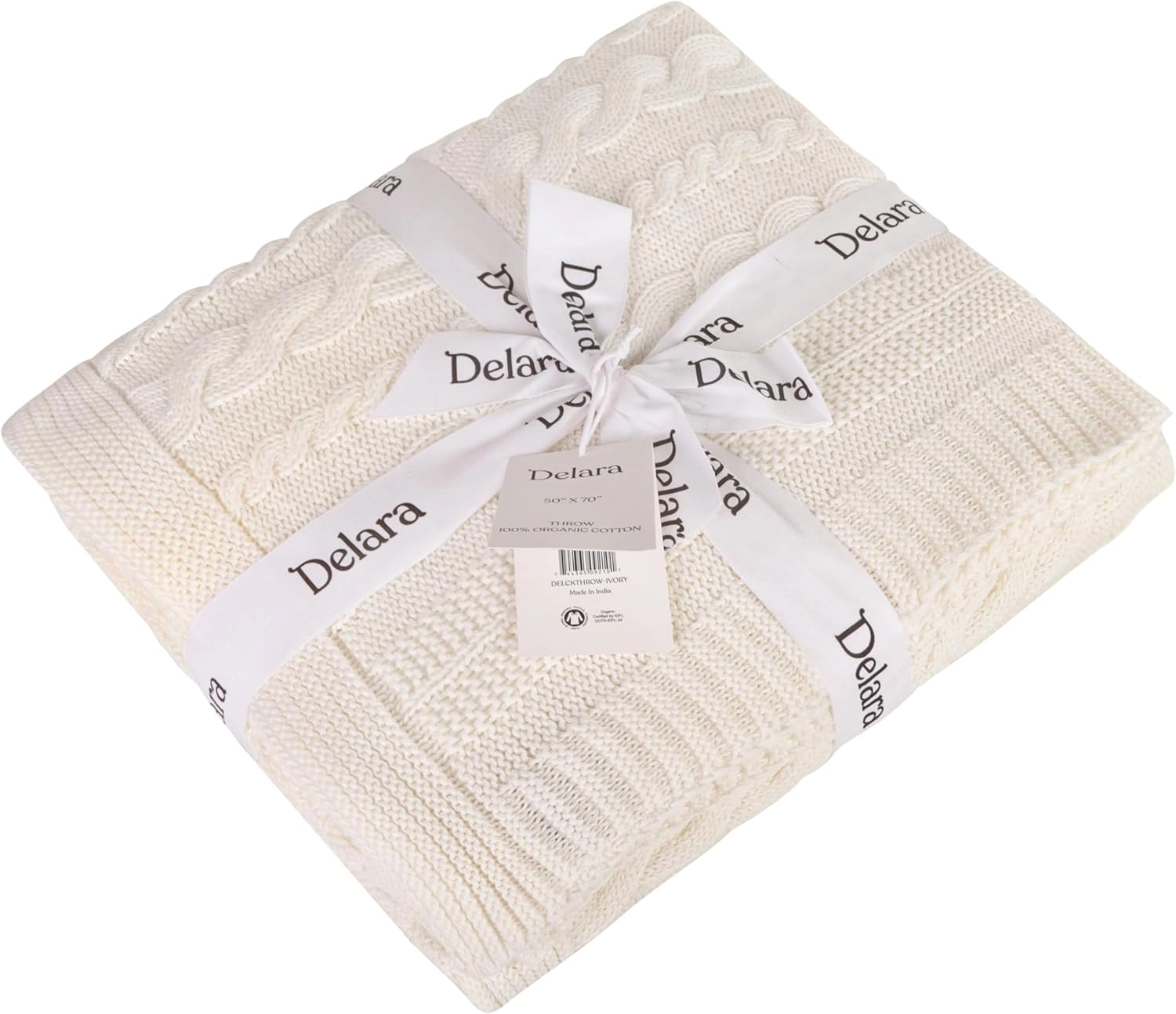 Delara Organic Cotton Cable Knit Throw Blanket, GOTS Certified, 50x70, Lightweight All-Season