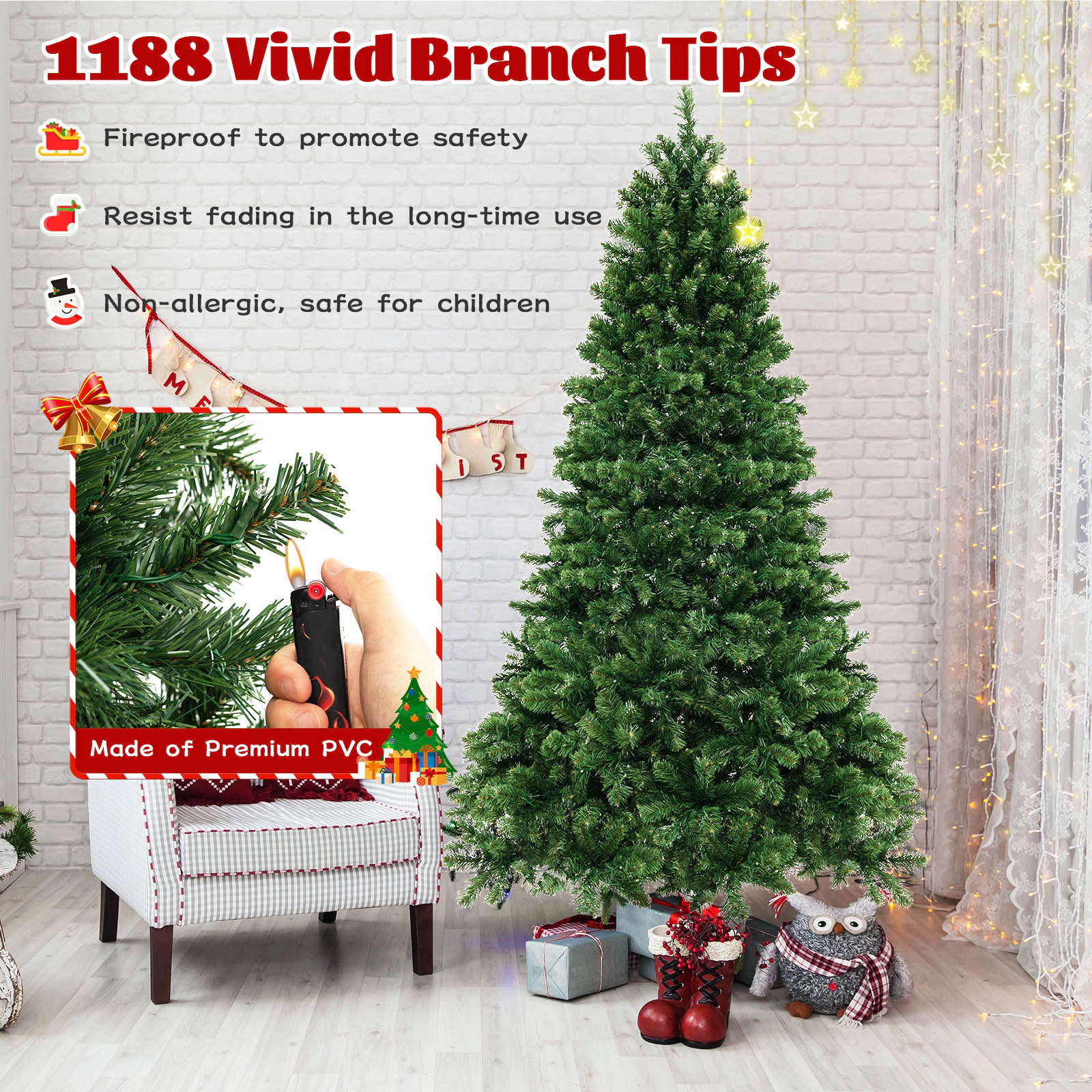 Glintex 7-Ft Hinged Christmas Tree with 1188 Fade-Resistant Tips and 700 LEDs, Green