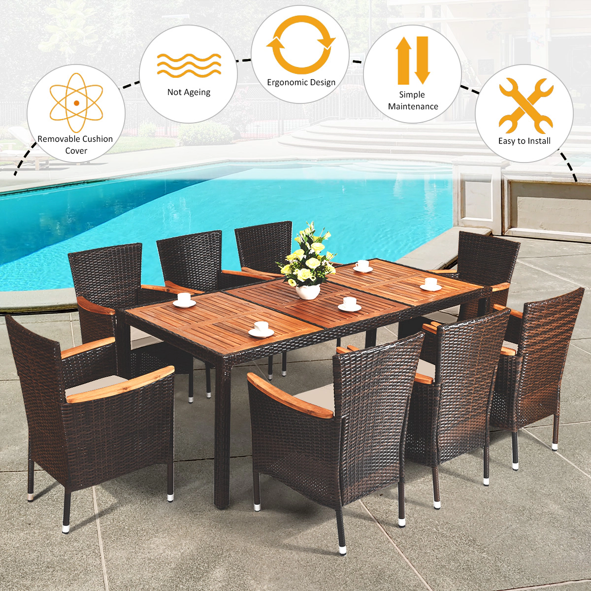 SUGIFT 9-Piece Stackable Rattan Chairs Acacia Wood Table Outdoor Dining Set 75-in x 36-in 250-lb Capacity Mix Brown