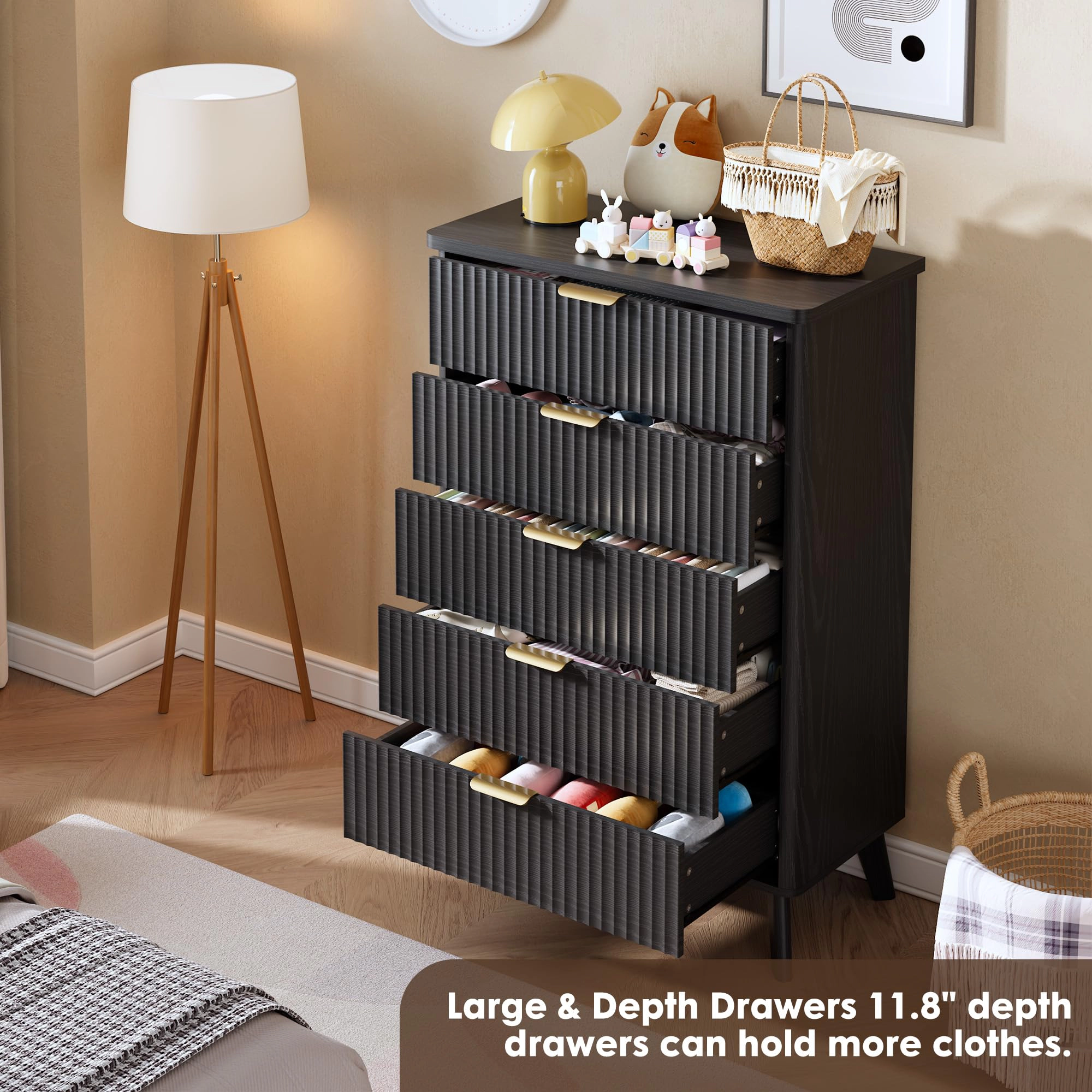 Fluted 5 Drawer Dresser, Curved Profile Design 47.2" Tall Wooden Chest for Bedroom Living Room Hallway