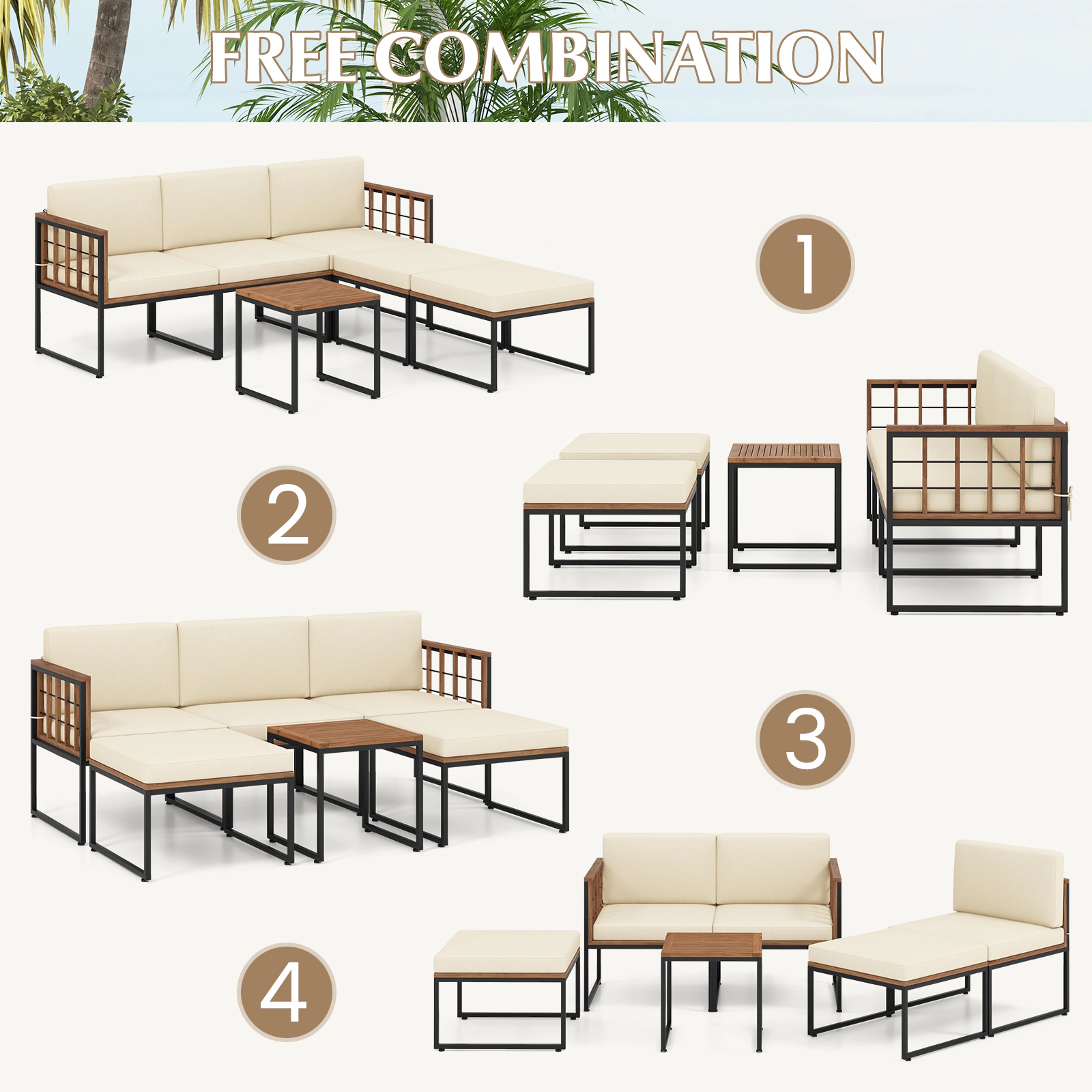 SUGIFT 6-Piece Beige Acacia Wood Patio Sectional Set with Ottomans and Coffee Table