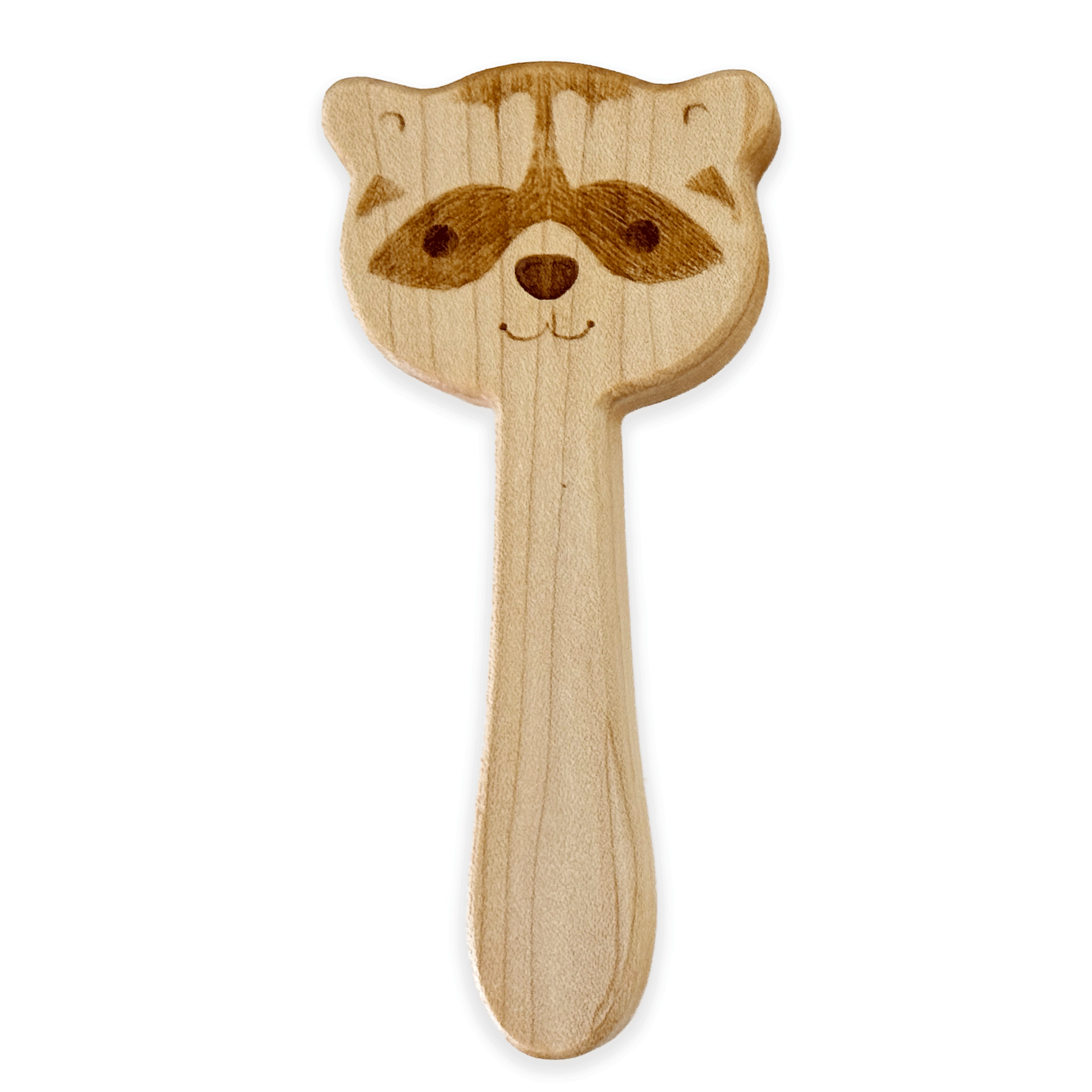 Solid Maple Wood Raccoon Baby Rattle and Teether - Natural Wooden Toy Made in the USA