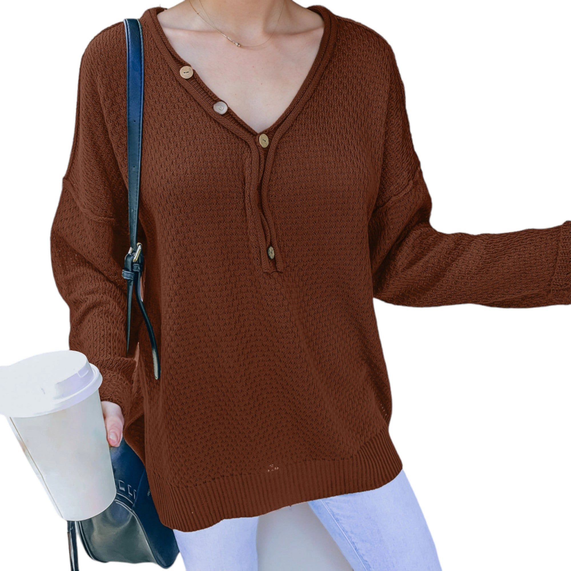 Anna-Kaci Women's Contrast Button Detail Knit Sweater