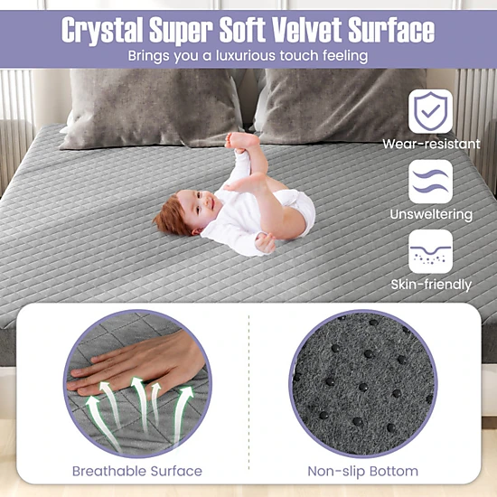 SUGIFT Gray Non-Slip Base King Size Quilted Velvet Mattress Topper Protector