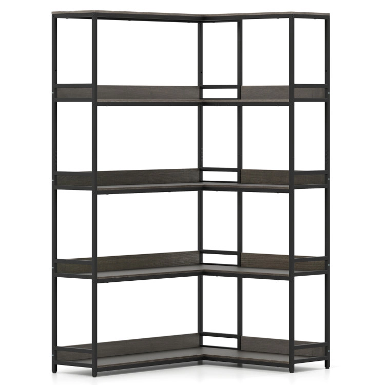 Hivvago Corner Bookshelf 5-Tier L-Shaped Bookcase Etagere with Metal Frame