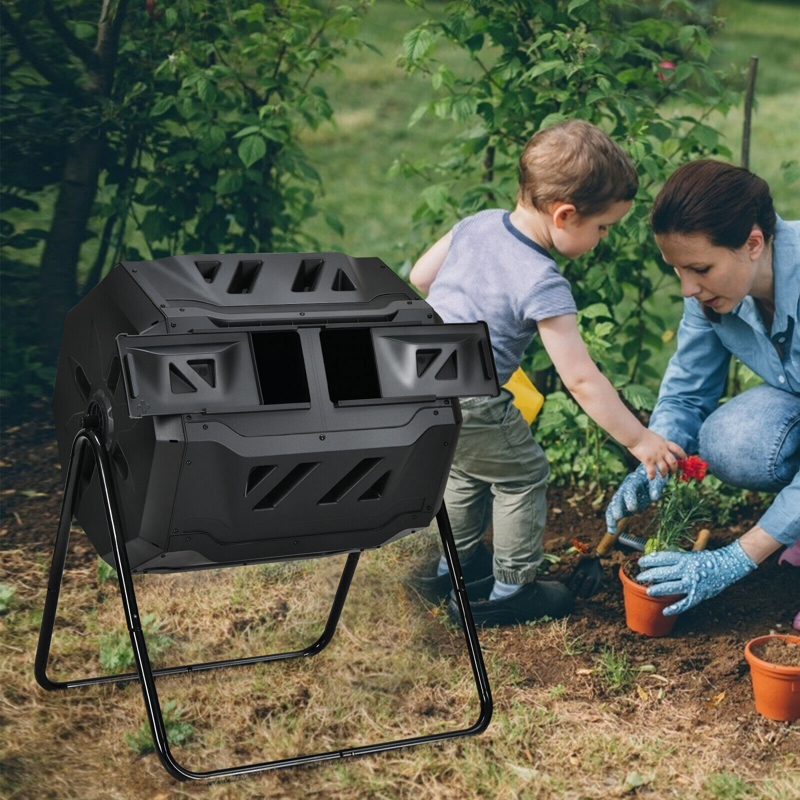 SUGIFT Dual-Chamber Rotating Composting Tumbler Bin 43-Gallon Capacity 37-in Tall Black/Green