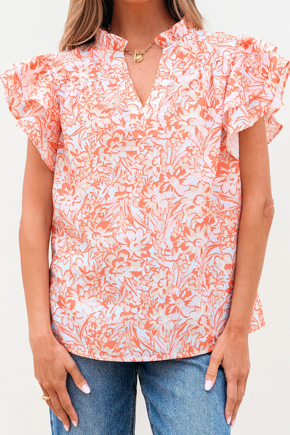 Threaded Pear Women's Nancy Floral Ruffle Sleeve Split Neck Blouse
