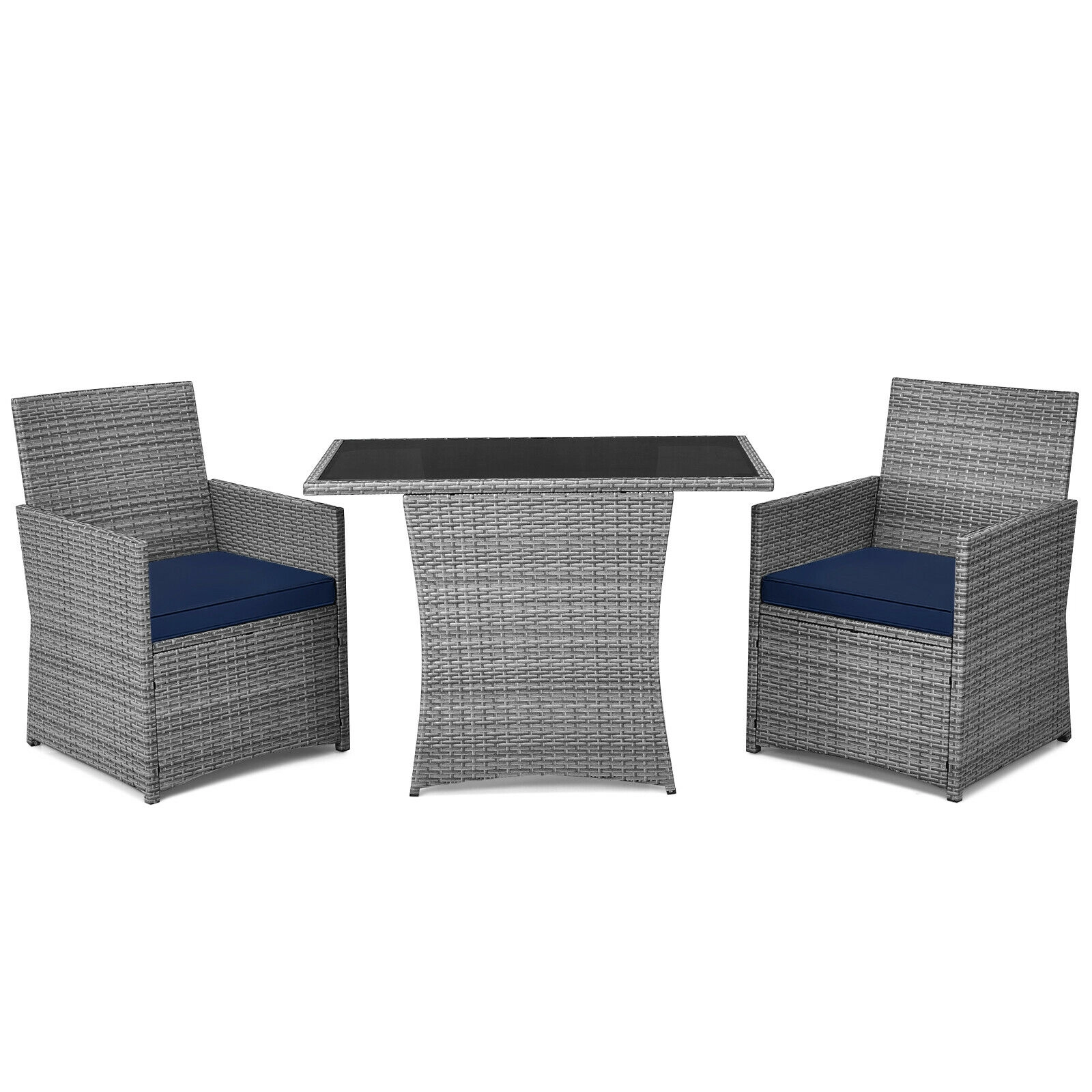 SUGIFT Patio Rattan Conversation Set with Cushioned Armrest Chairs 110-lb Table and 350-lb Chair Capacity Navy Cushion
