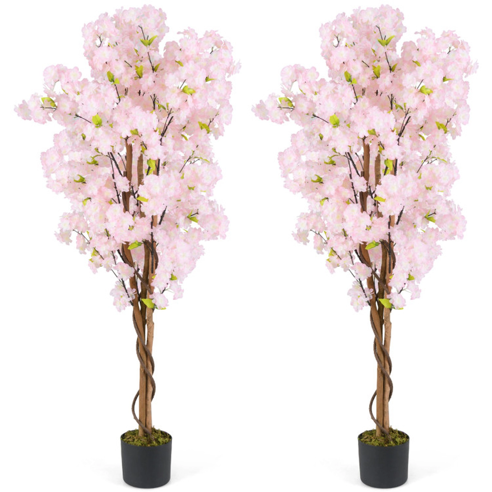 SUGIFT Set of 2 5-ft 972 Blossoms 144 Leaves Wood Trunks Artificial Cherry Blossom Trees 6.5-in x 6-in Pot 22-lb Pink