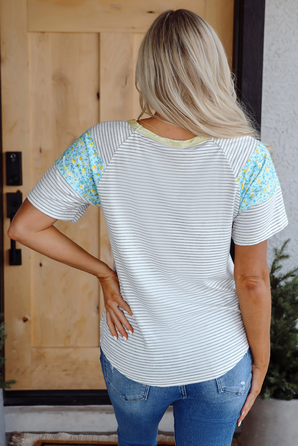 Threaded Pear Women's Chana Stripe Floral Sleeves Top